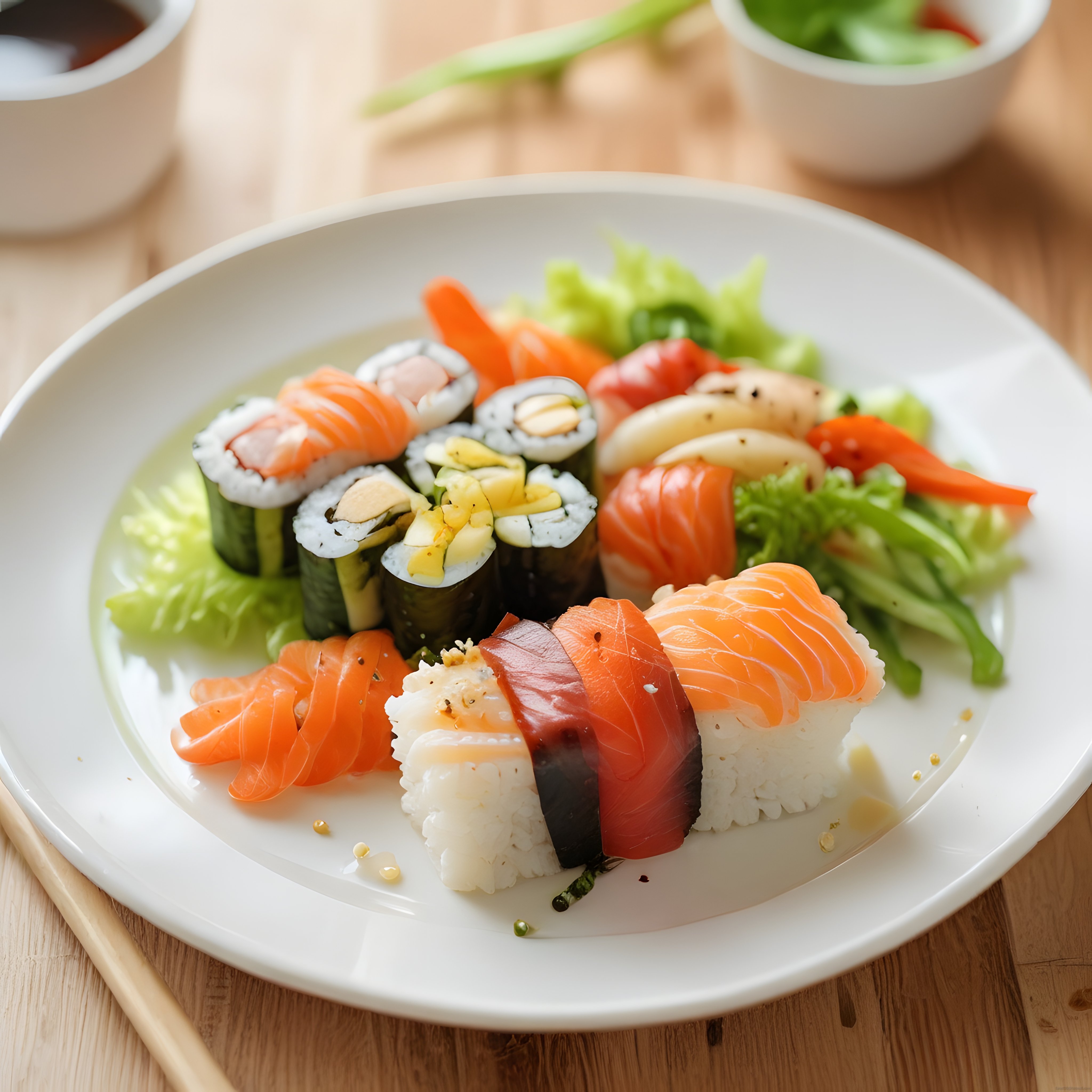 Beyaz Tabağa Sunulmuş Taze Somon ve Ton Balıklı Sushi Nigiri ile Maki Rolleri