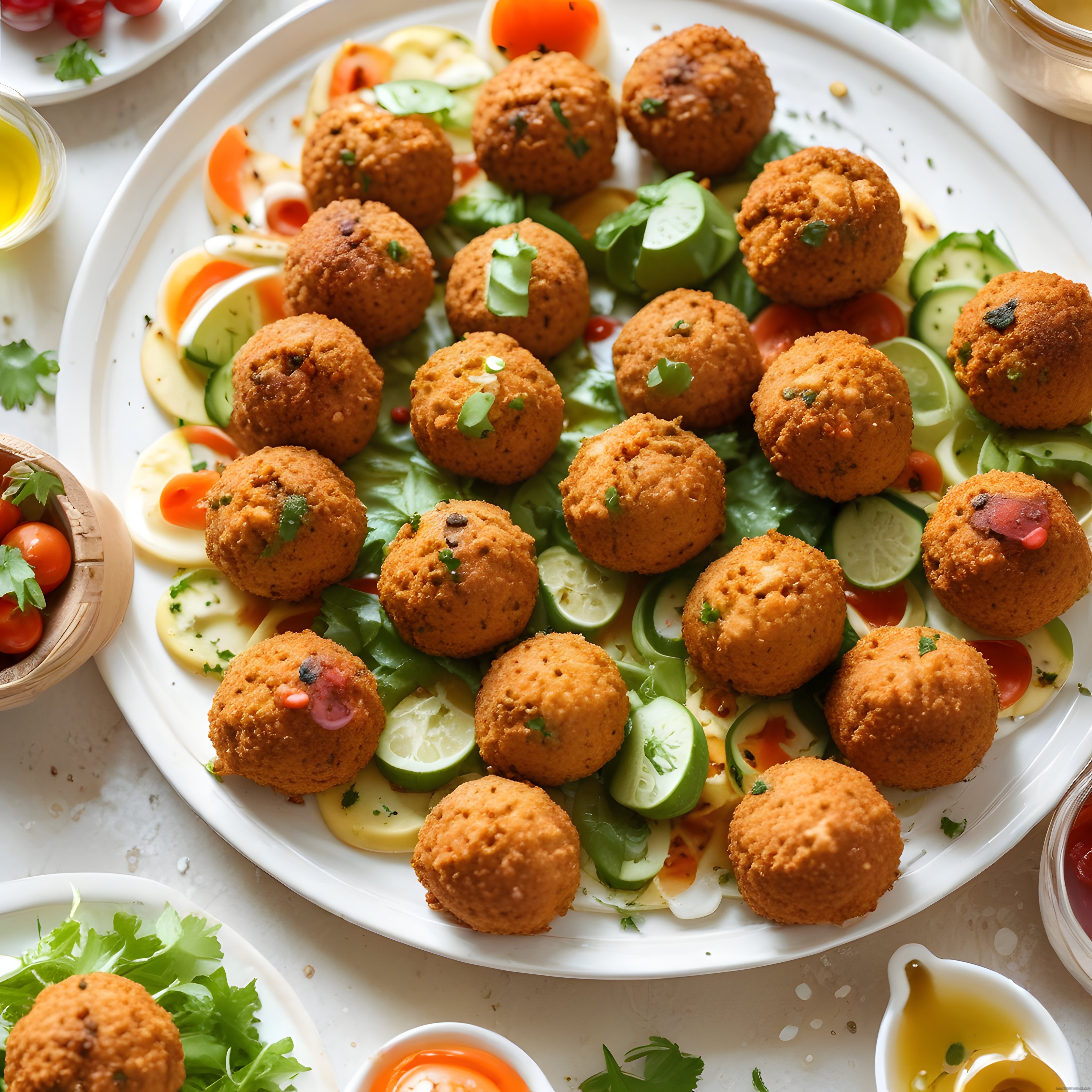 Beyaz Tabağta Çıtır Falafel Topları ve Taze Sebzelerle Egzotik Sunum