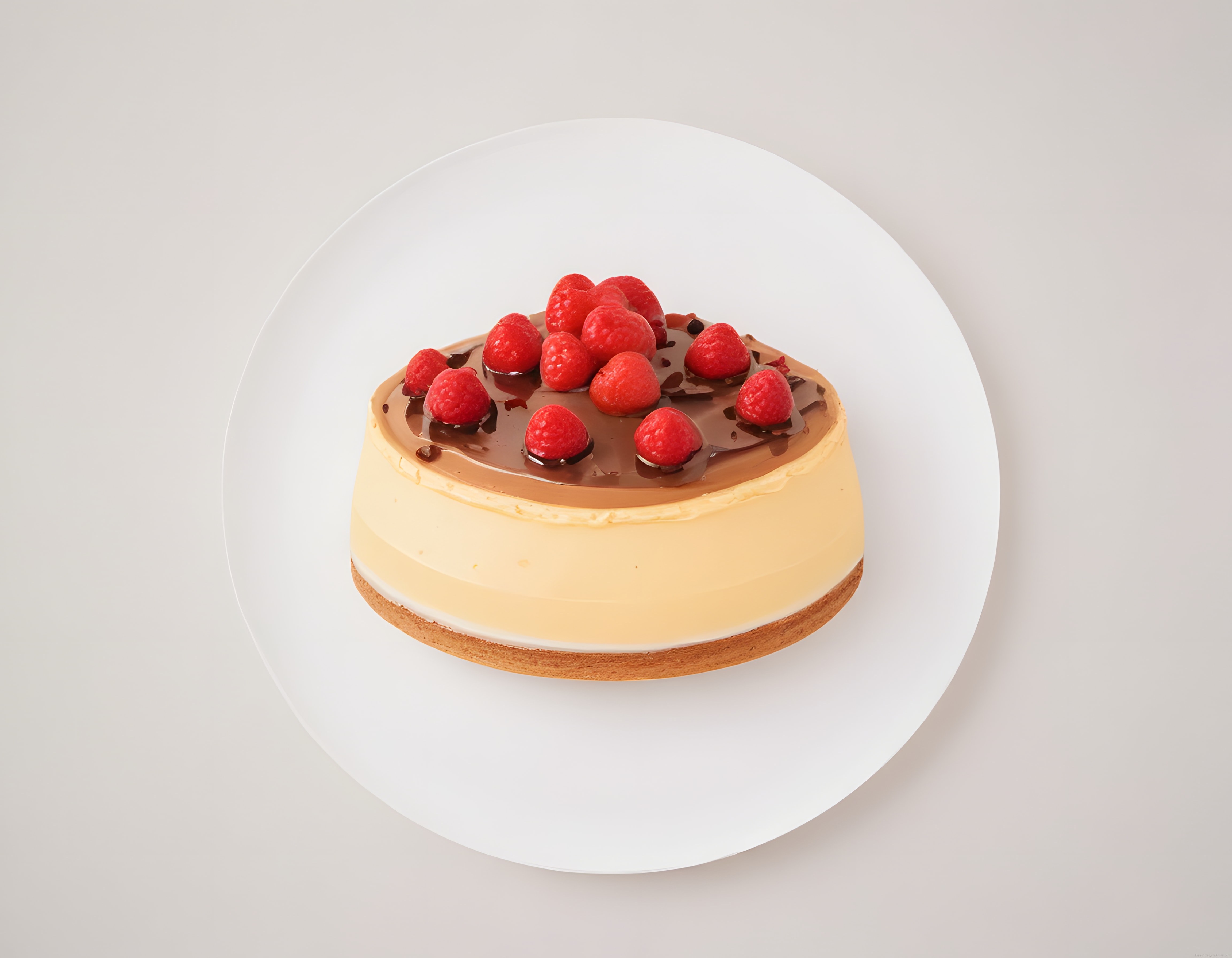 Beyaz Tabak Üzerinde Çikolatalı Sos ve Taze Ahududularla Süslenmiş Cheesecake
