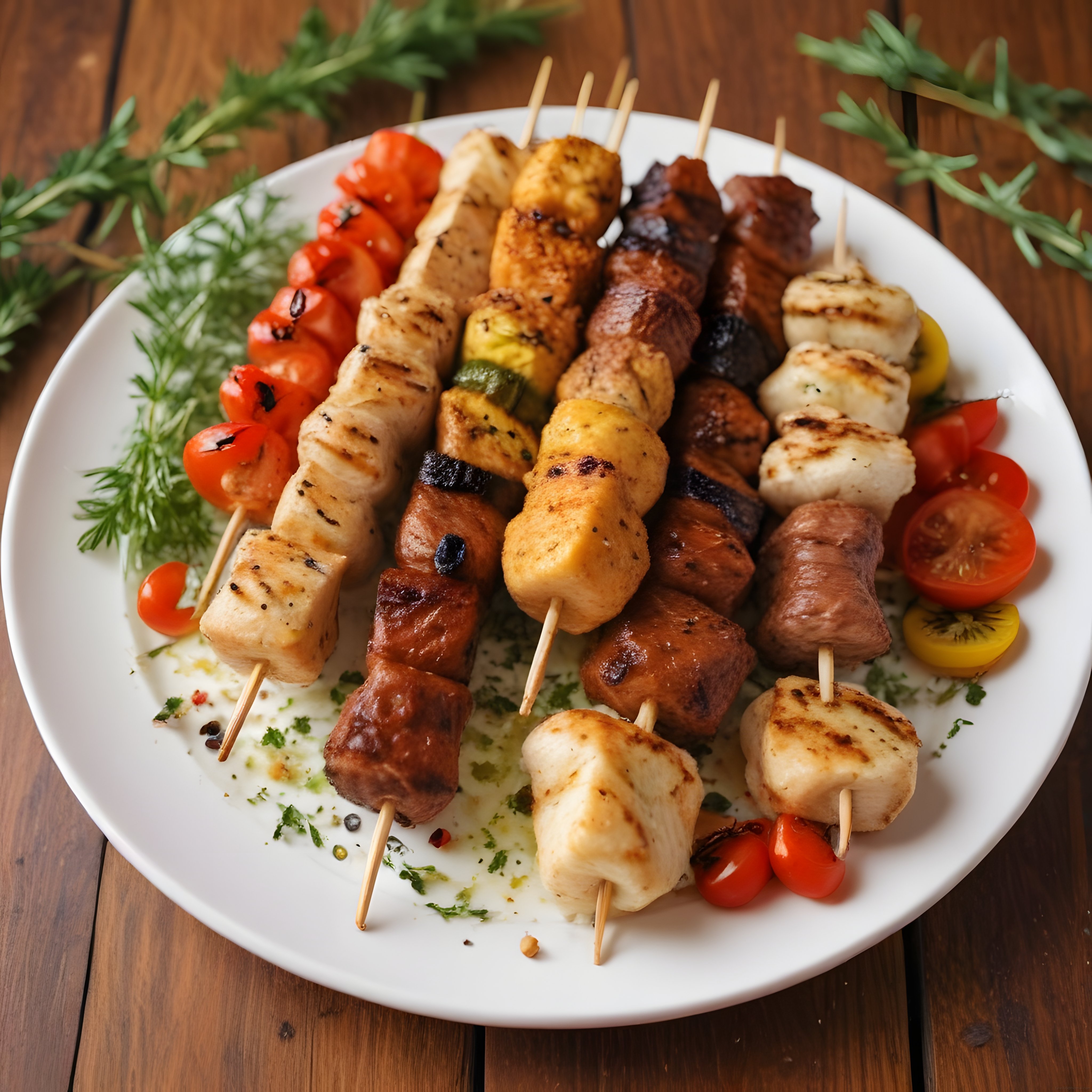 Beyaz tabakta ahşap masa üzerinde sunulan çeşitli ızgaralı şiş kebap ve sebzeler