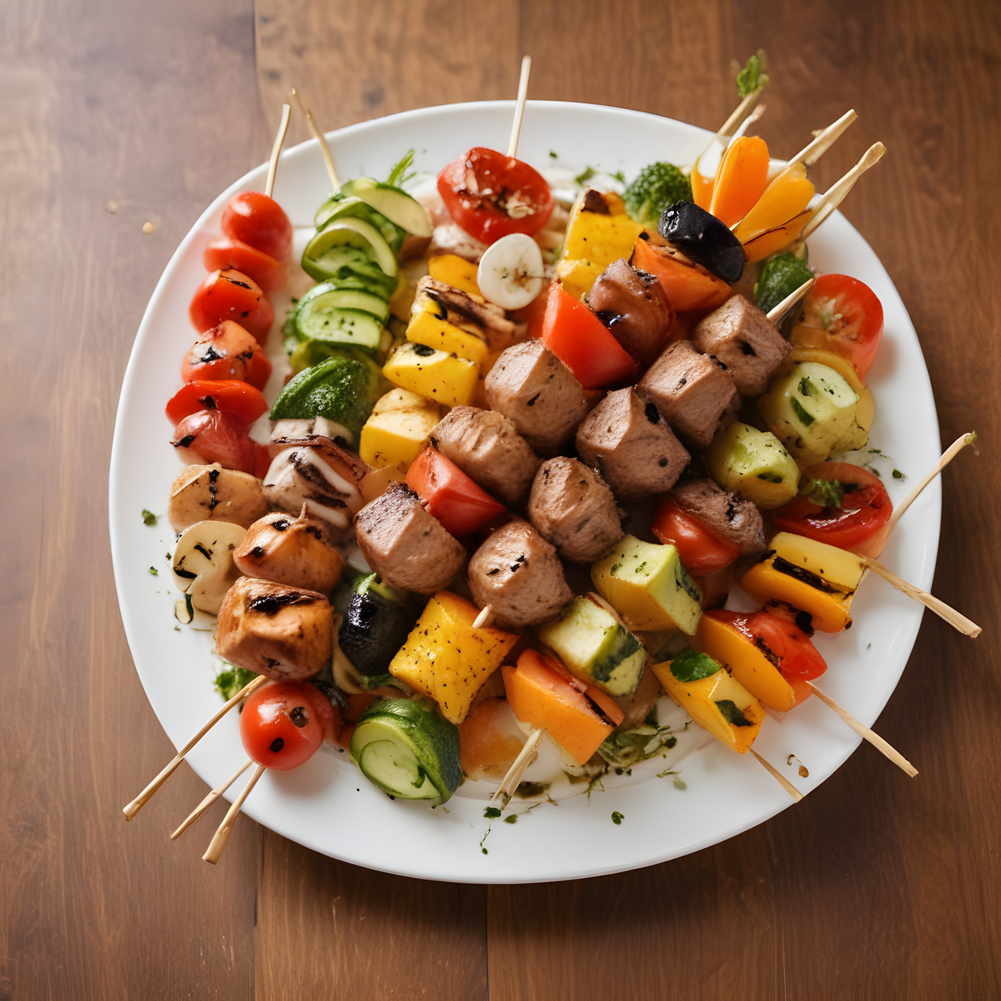 Beyaz tabakta ahşap masa üzerinde sunulan nefis etli sebzeli şiş kebap tabağı