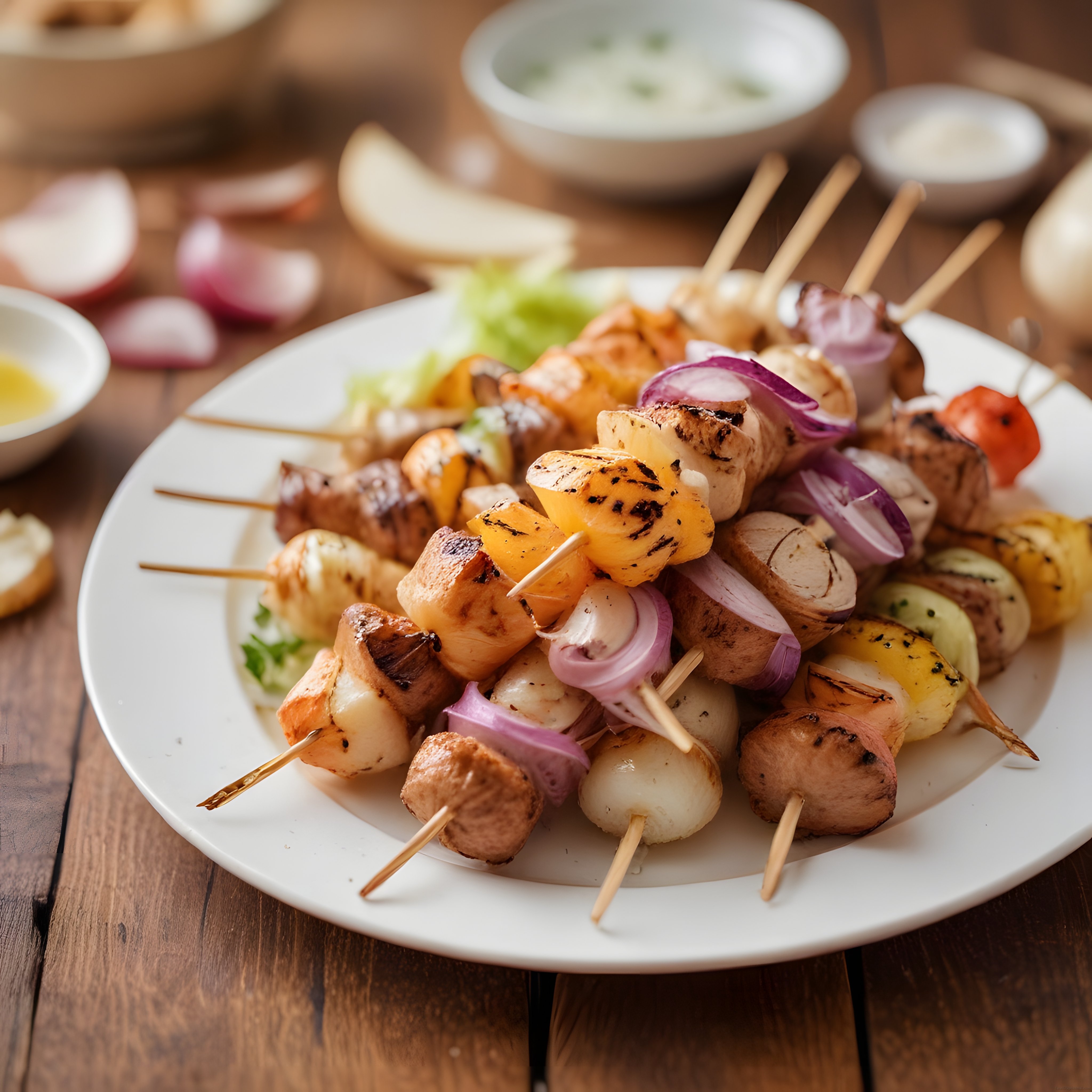 Beyaz tabakta ahşap şişte ızgara tavuk karides ve sebzeli barbekü sunumu