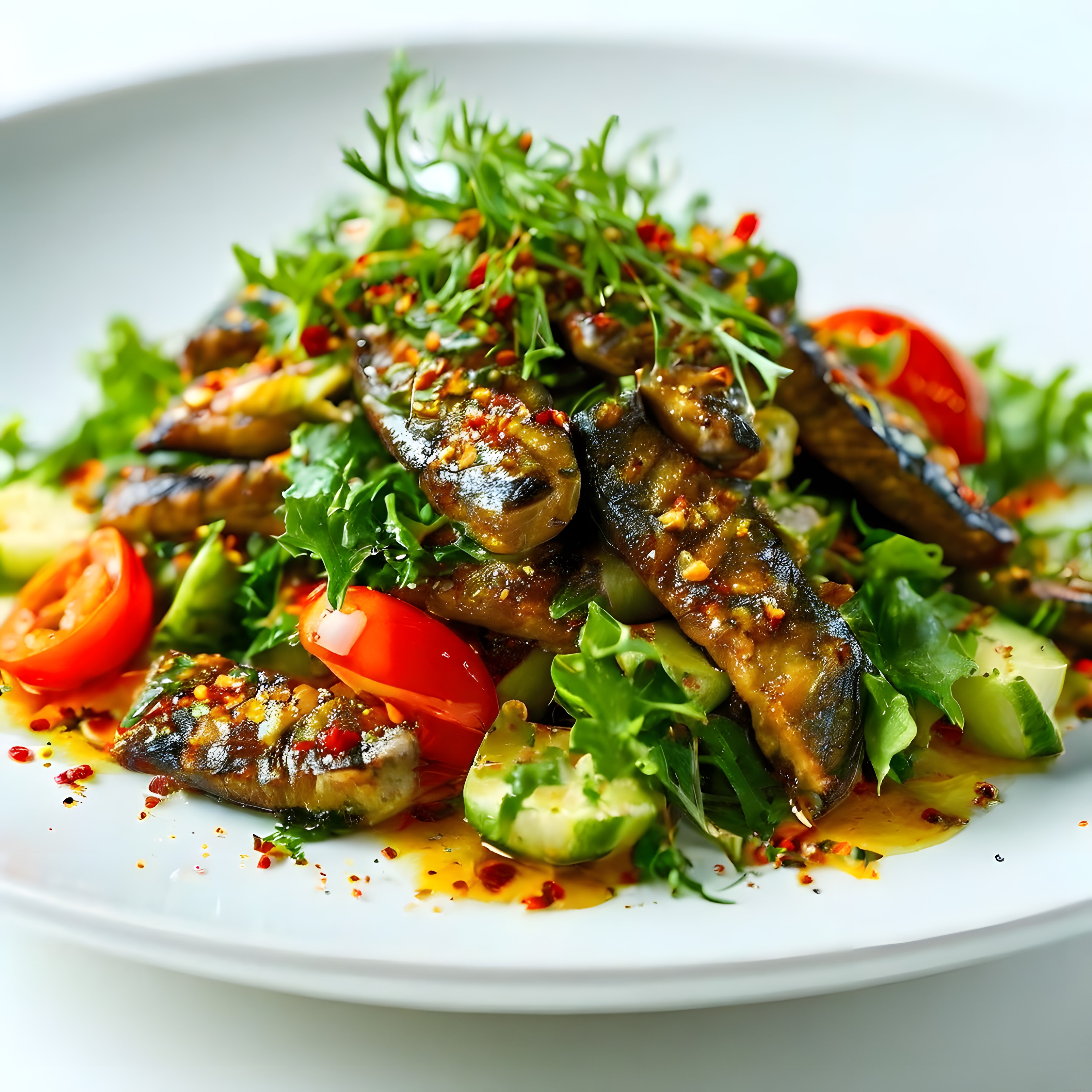 Beyaz Tabakta Baharatlı Soslu közlenmiş Patlıcan Salatası Sunumu
