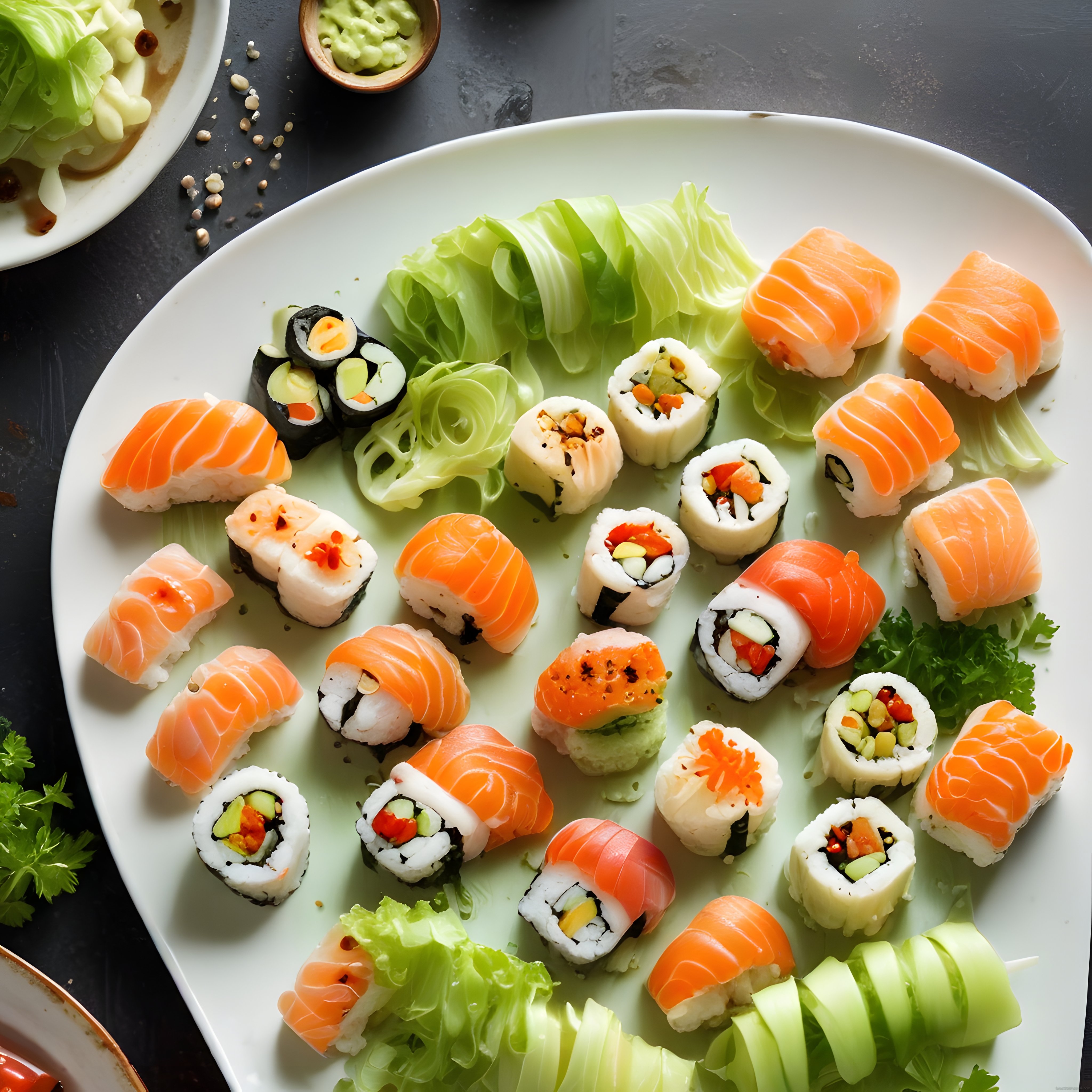 Beyaz Tabakta Çeşitli Sushi Rolları ve Taze Somon Nigiri: Japon Lezzeti