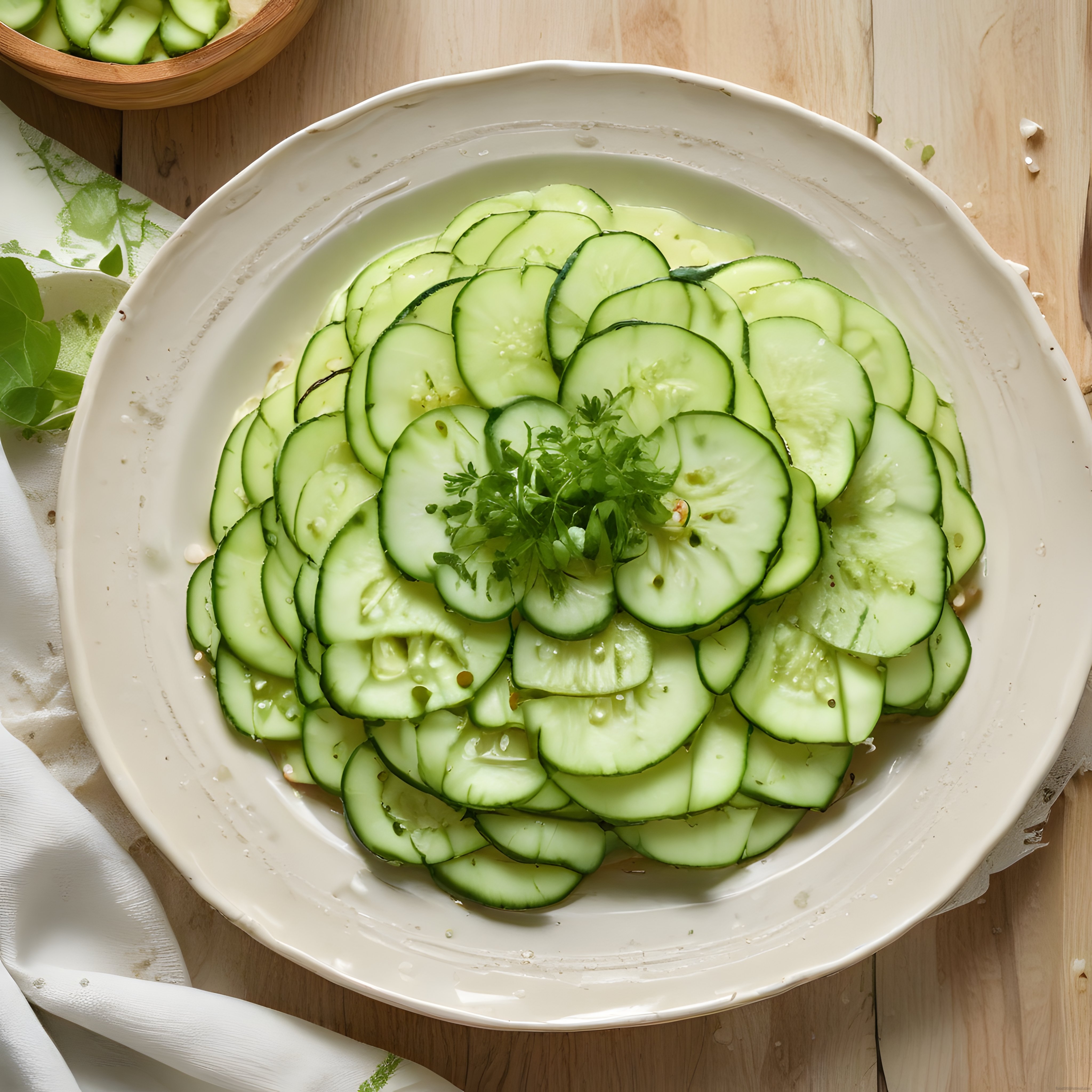 Beyaz Tabakta Çiçek Şeklinde Dizilmiş Taze Salatalık Salatası Sunumu