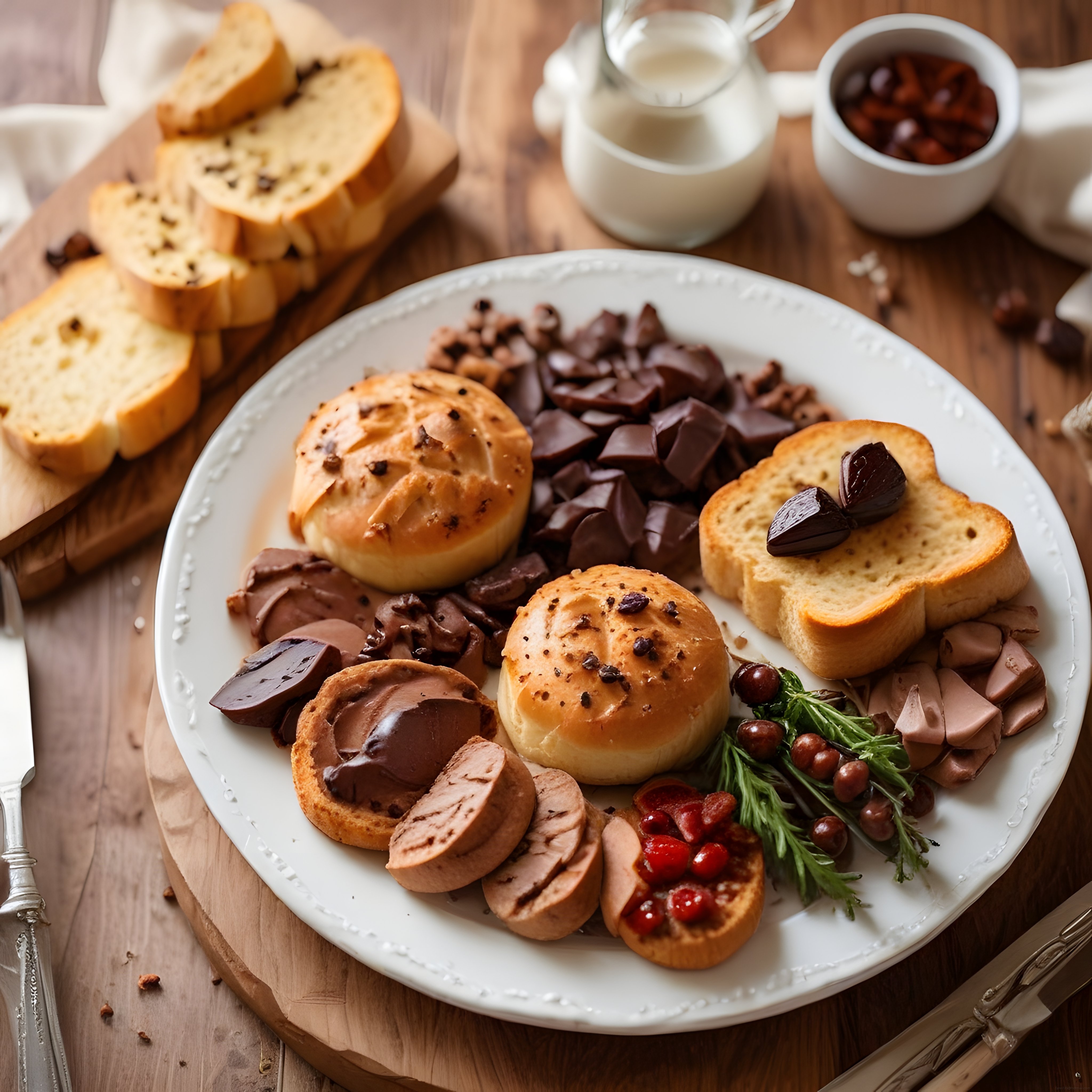 Beyaz tabakta çikolata, ekmek, kuru meyve ve et dilimleri ile kahvaltı