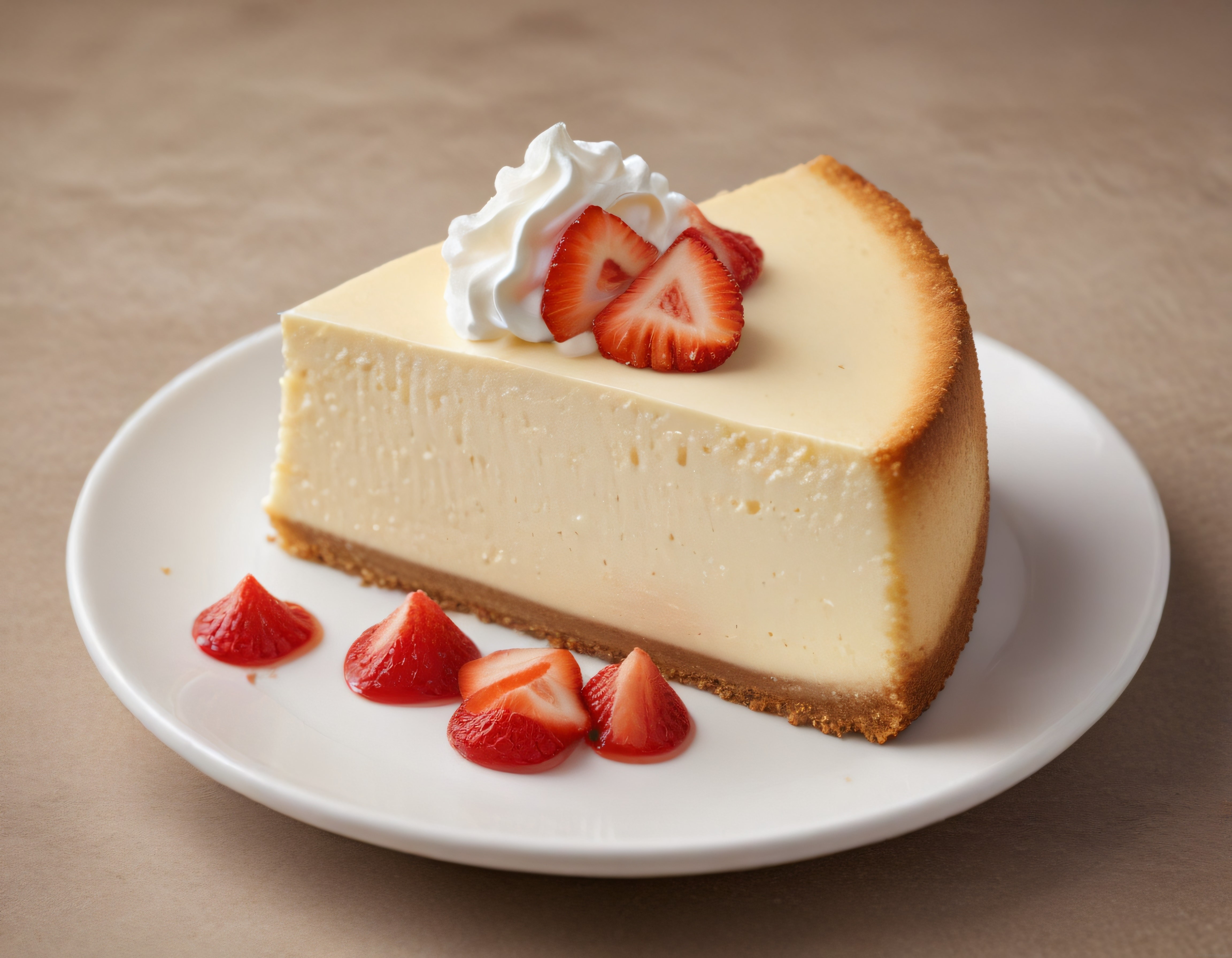 Beyaz Tabakta Çilekli Cheesecake Dilimi ve Çırpılmış Krema Süslemesi