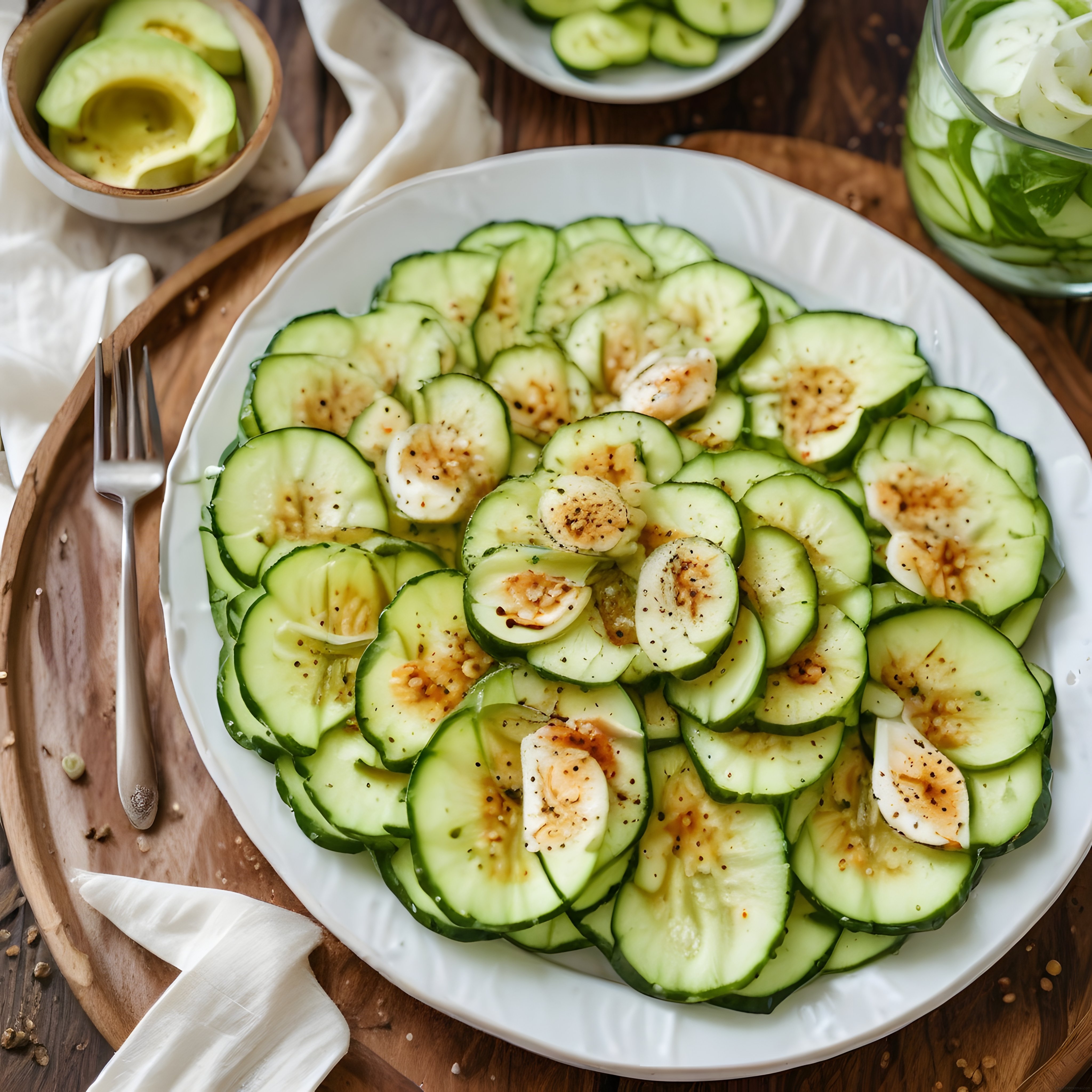 Beyaz tabakta dairesel dizilmiş ince dilimlenmiş salatalık salatası
