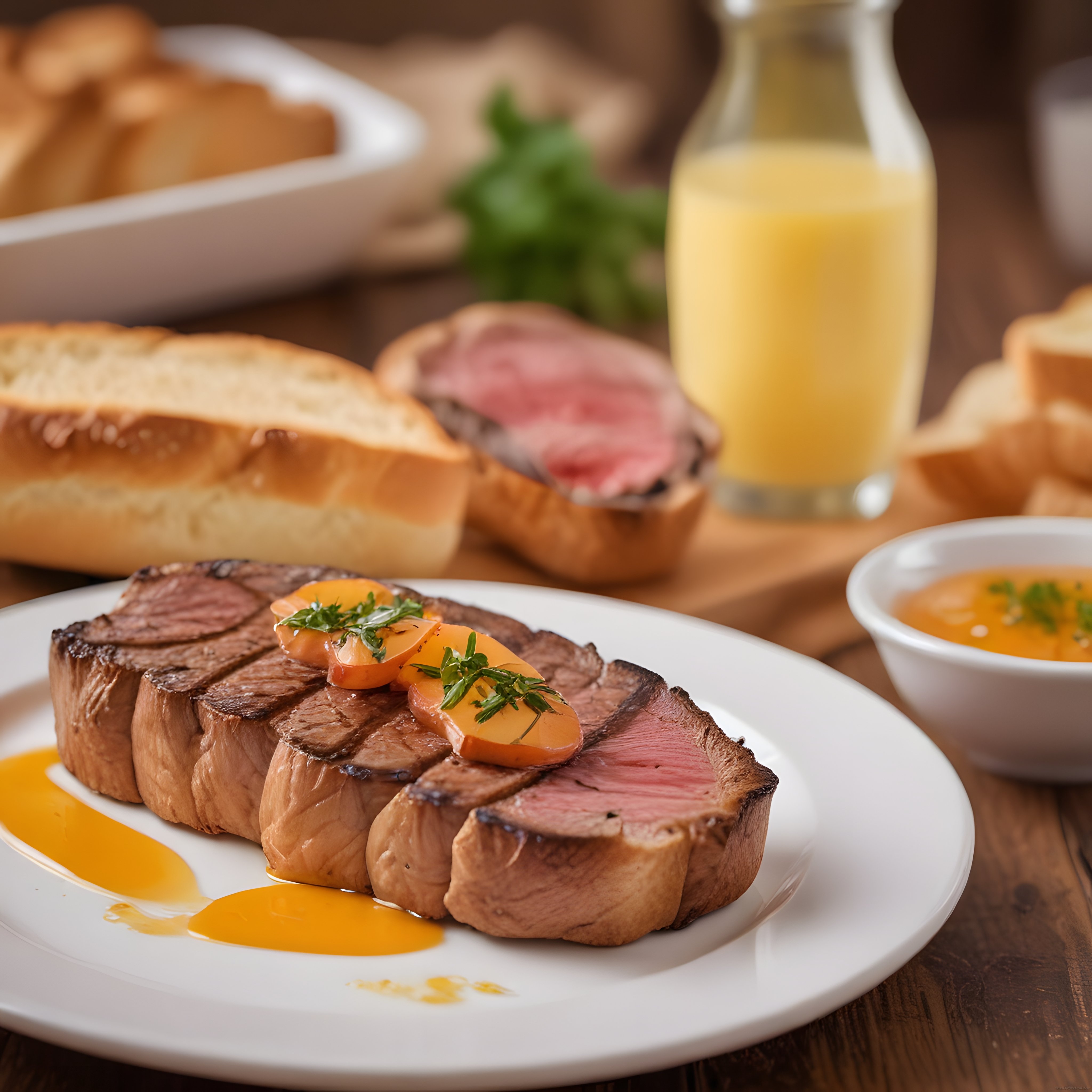 Beyaz Tabakta Domatesli Izgara Biftek Dilimi ve Taze Ekmek Sunumu