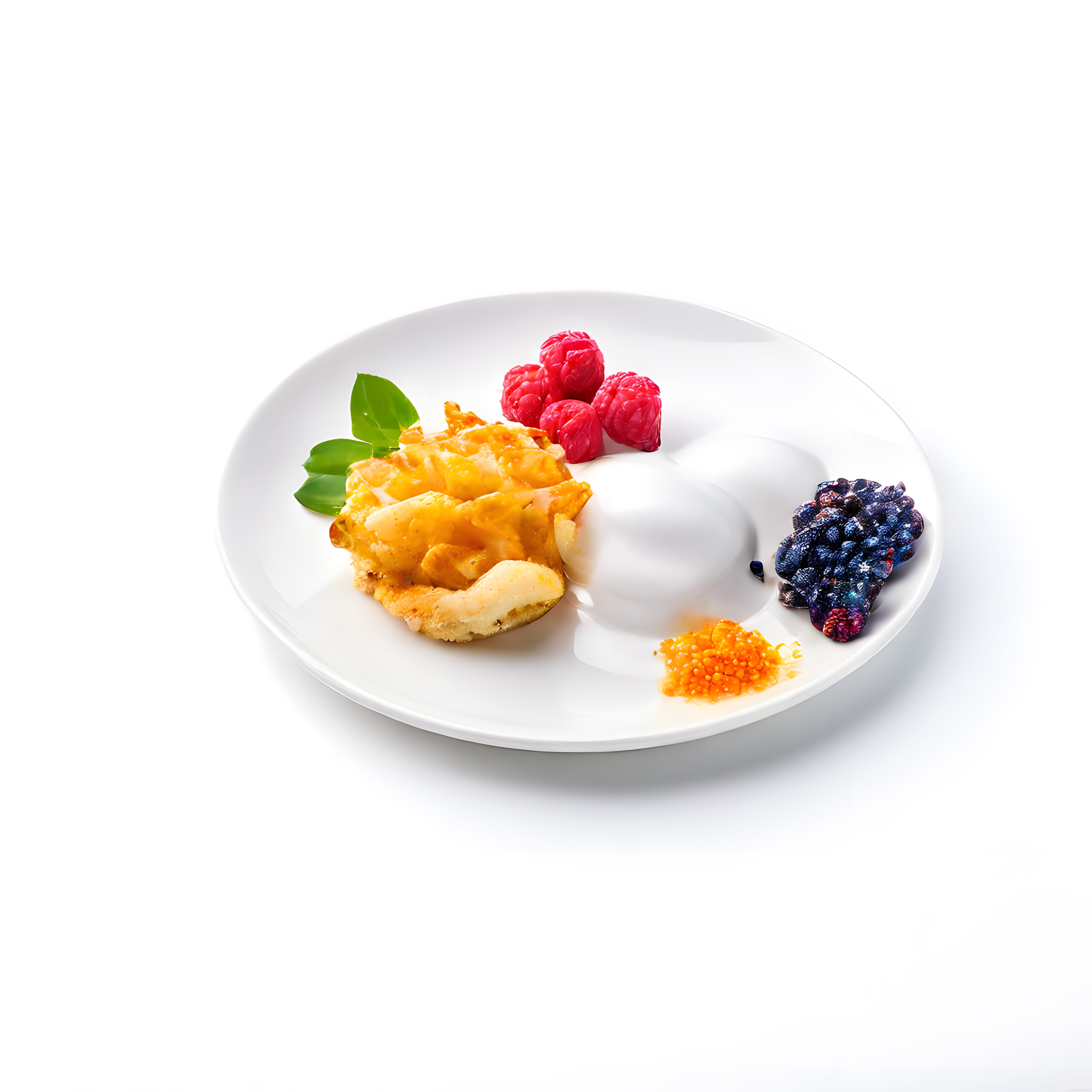 Beyaz tabakta fine dining tatlı sunumu: parfe, frambuaz, krokan ve taze meyve