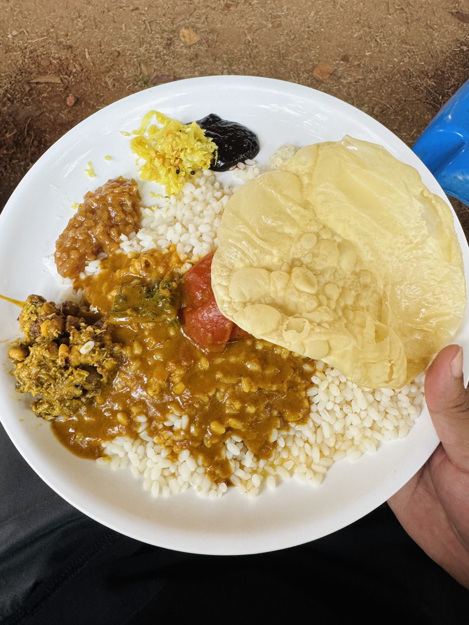 Beyaz Tabakta Hint Mutfağından Baharatlı Soslu Pilav ve Papadum Sunumu