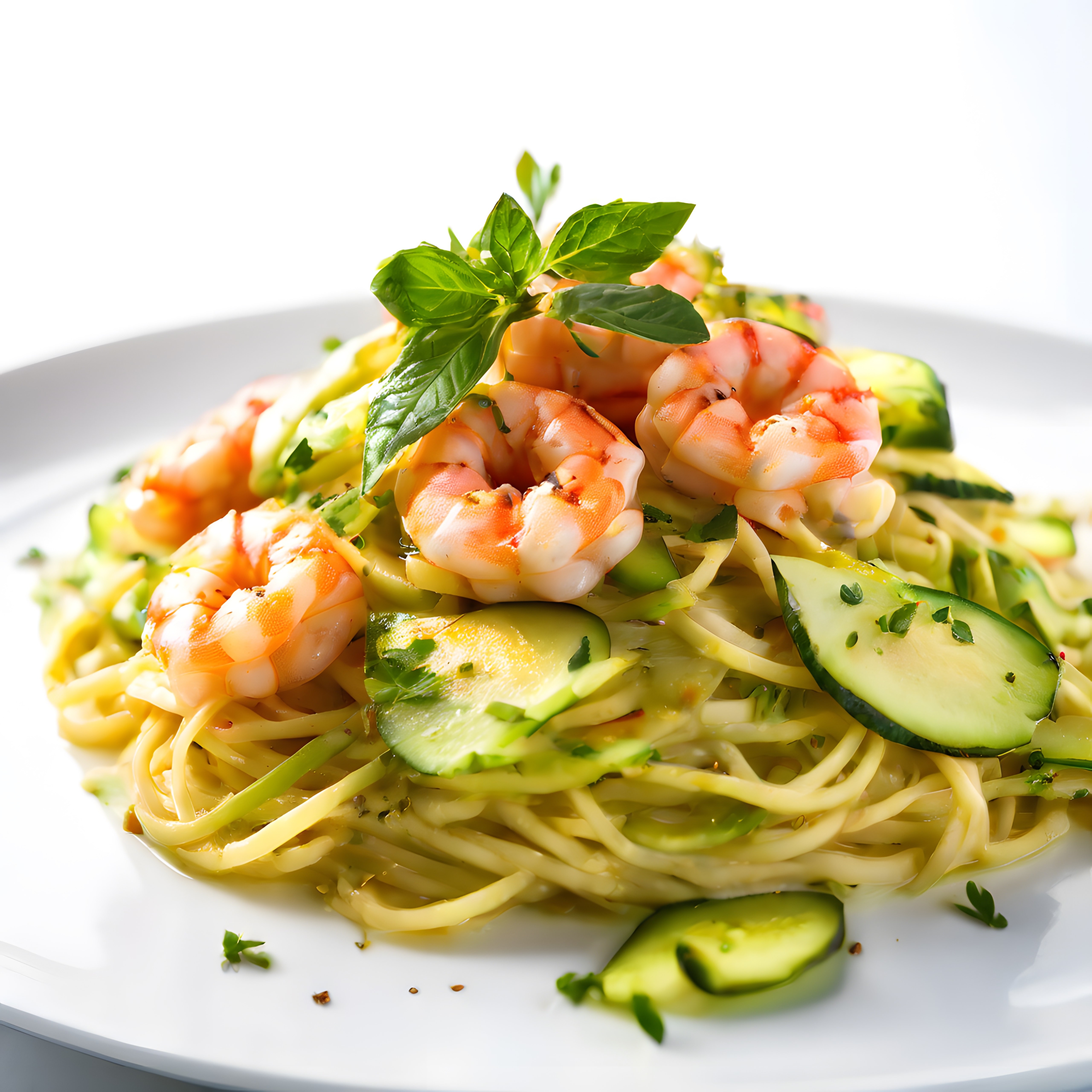 Beyaz Tabakta Jumbo Karidesli Spagetti ve Taze Fesleğen Süslemesi