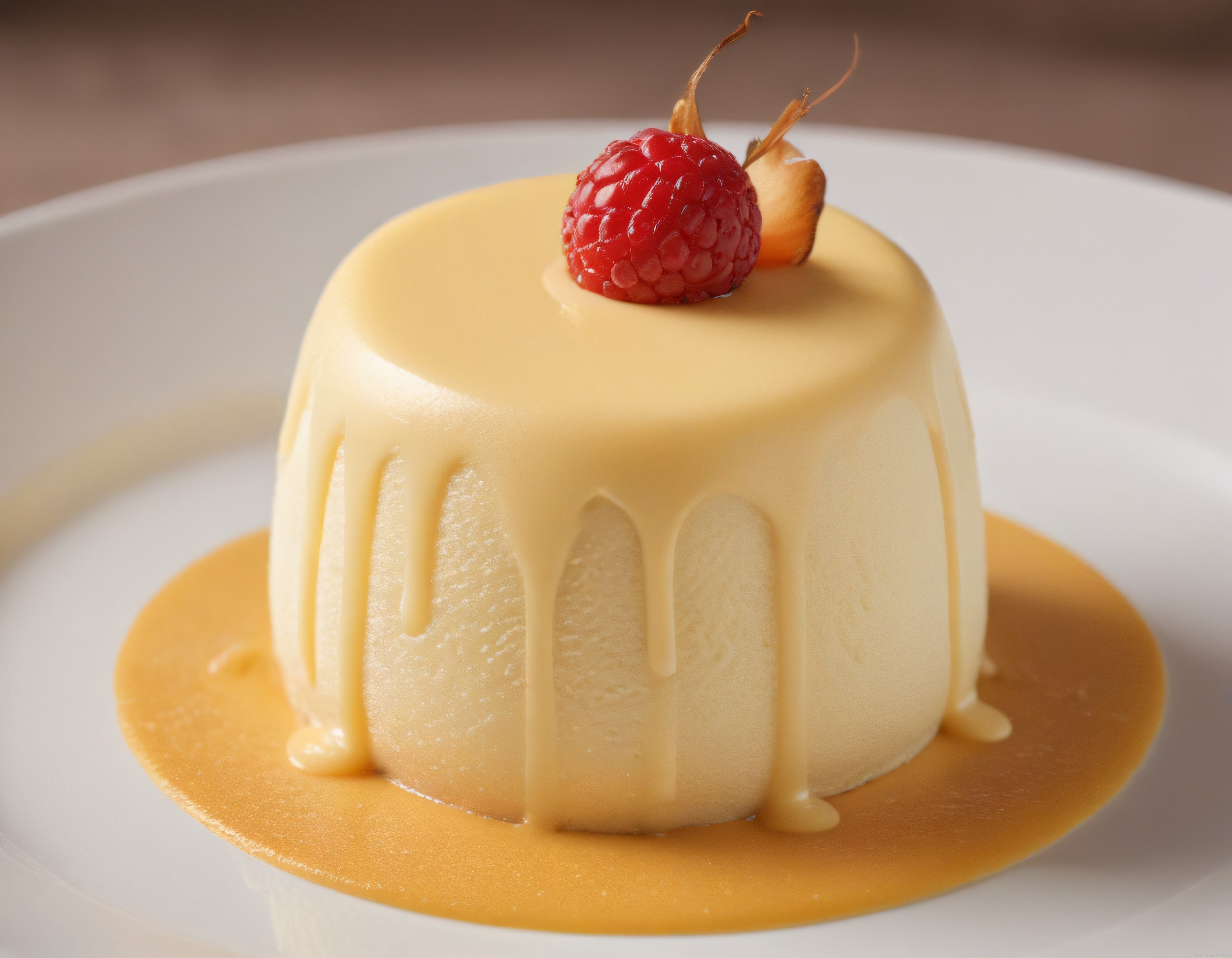 Beyaz Tabakta Karamel Soslu ve Ahududulu Panna Cotta Tatlısı Sunumu
