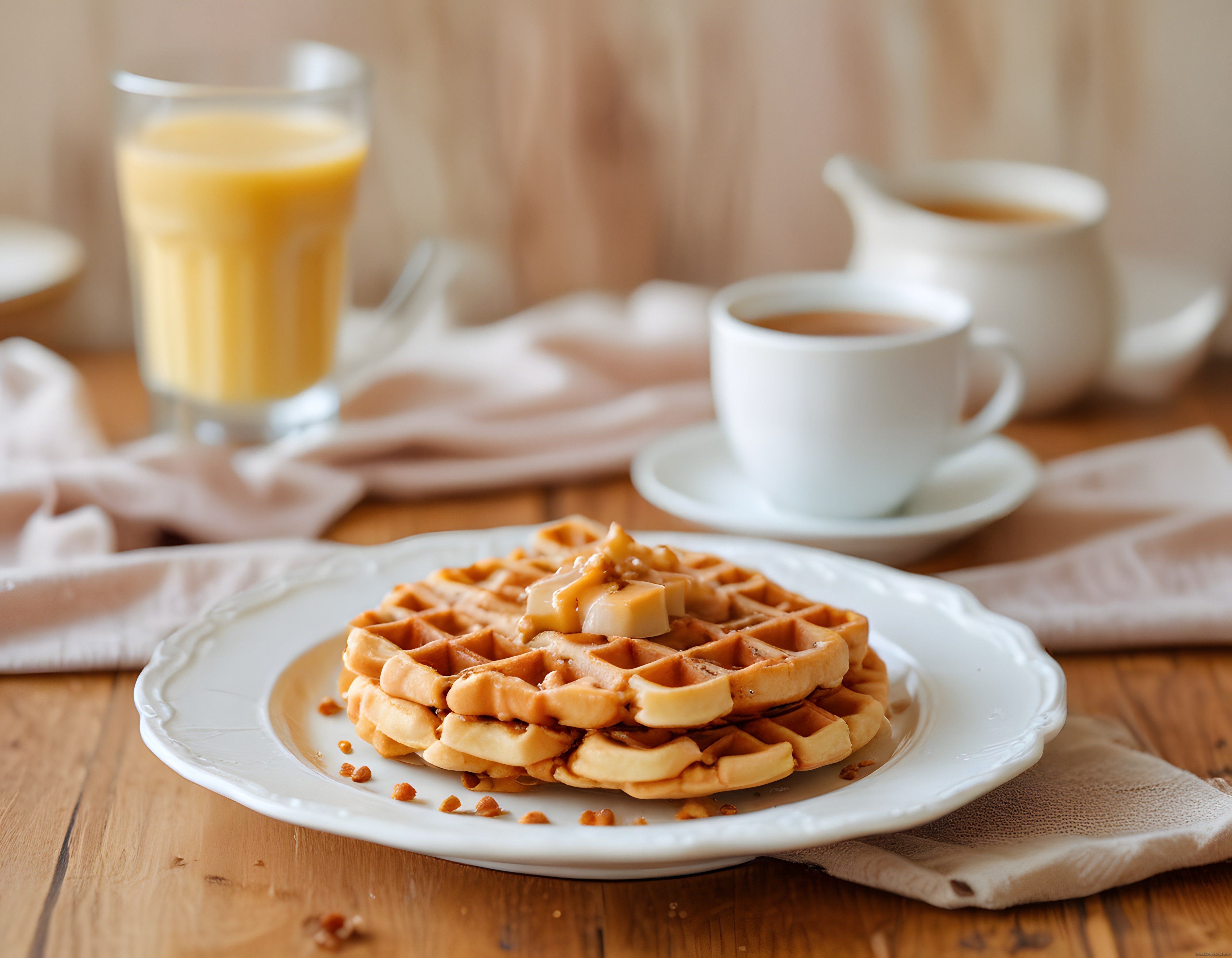Beyaz Tabakta Karamelize Tereyağlı Waffle ve Taze Portakal Suyu ile Kahvaltı