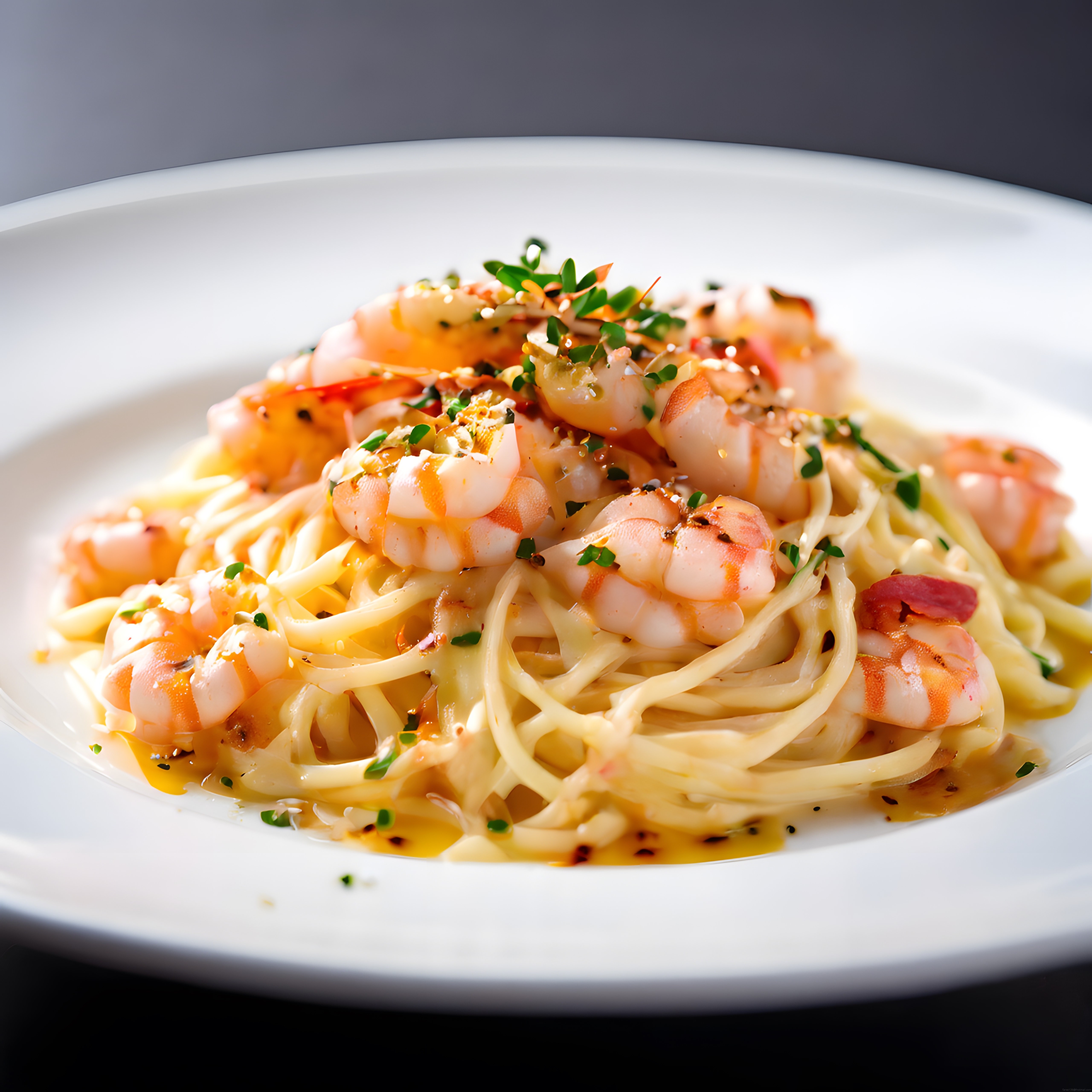 Beyaz Tabakta Karidesli Kremalı Spagetti Sunumu ve Lezzet Detayları