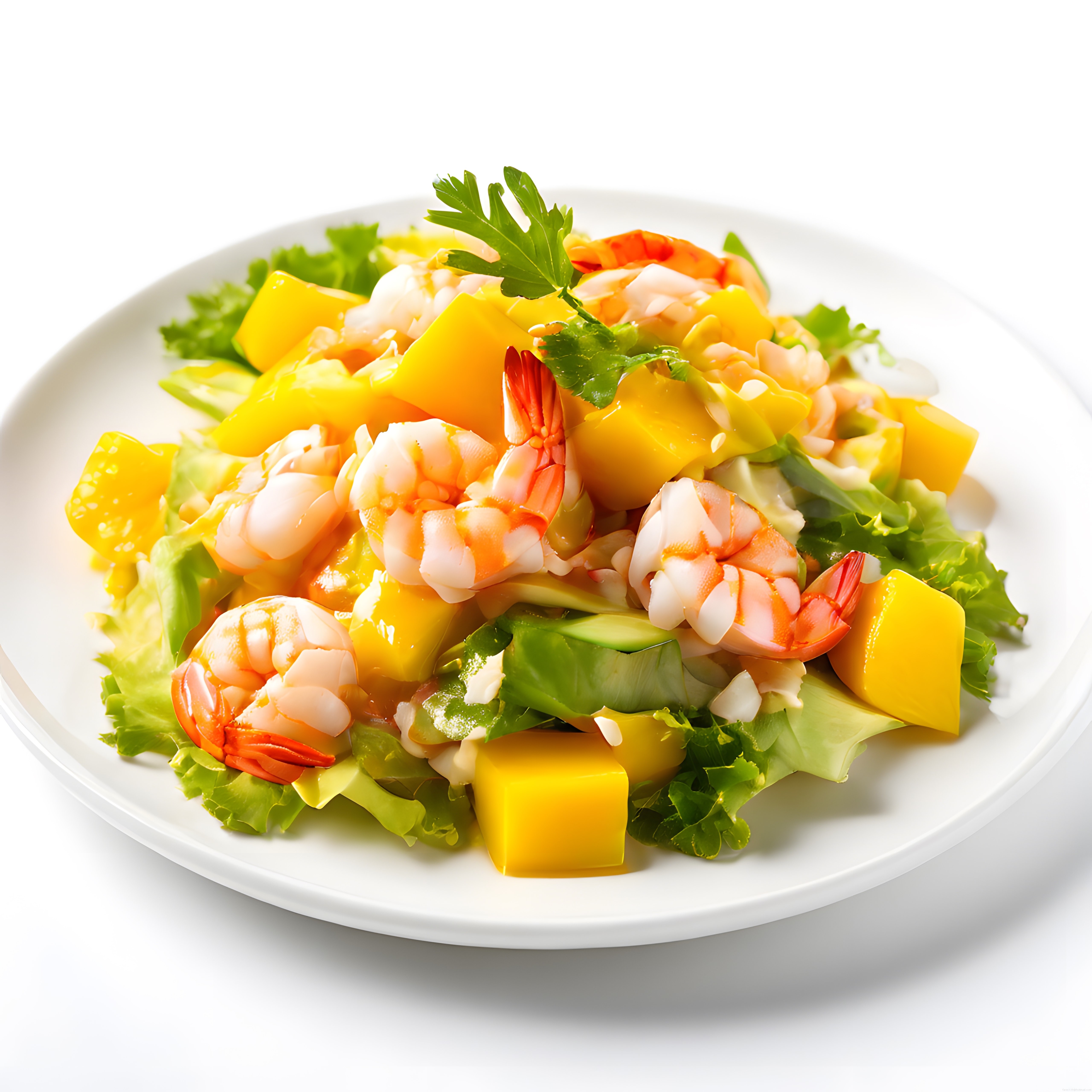 Beyaz Tabakta Karidesli Mango Avokado Salatası Tarifi ve Sunum