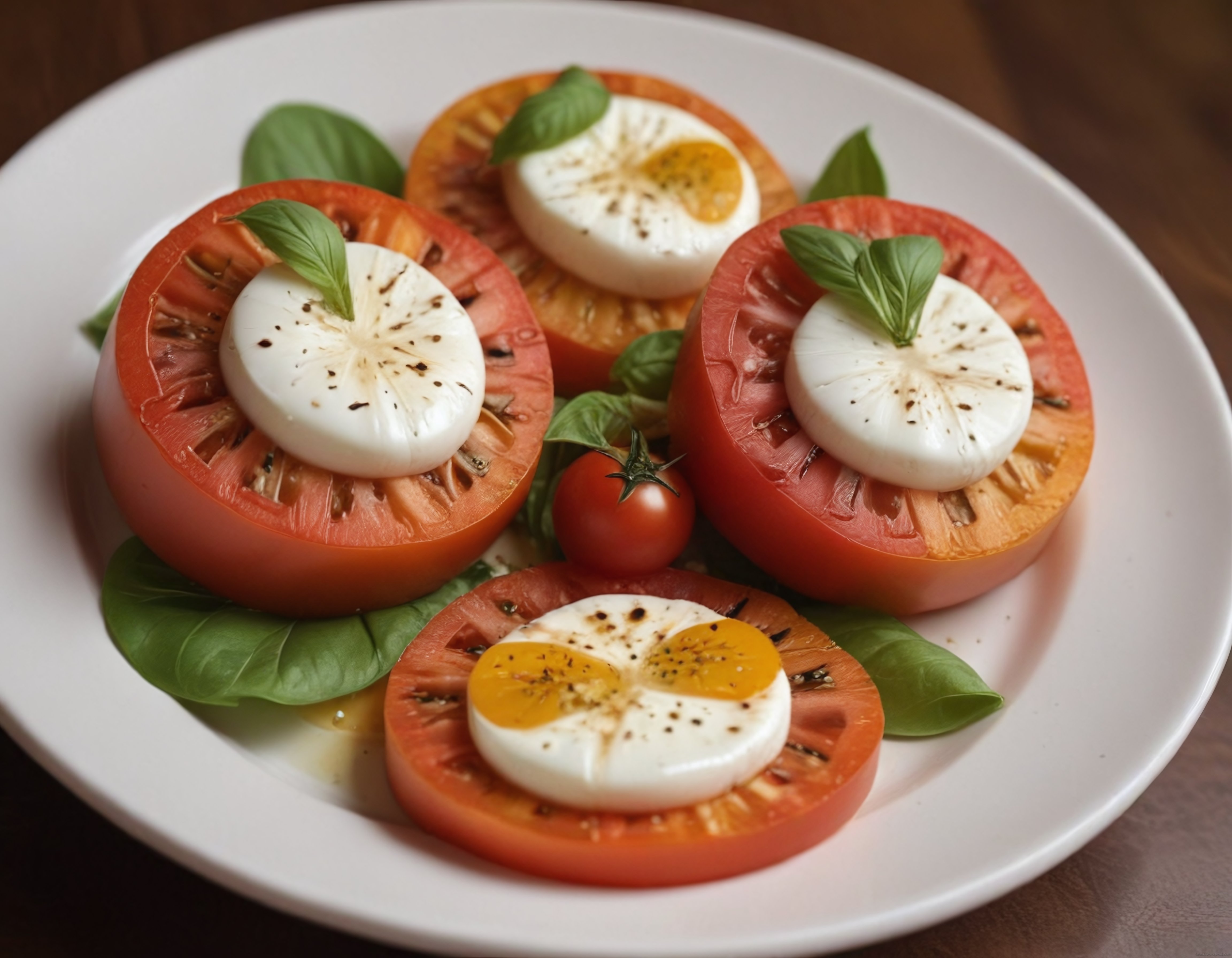 Beyaz Tabakta Klasik Caprese Salatası: Mozzarella, Domates ve Fesleğen
