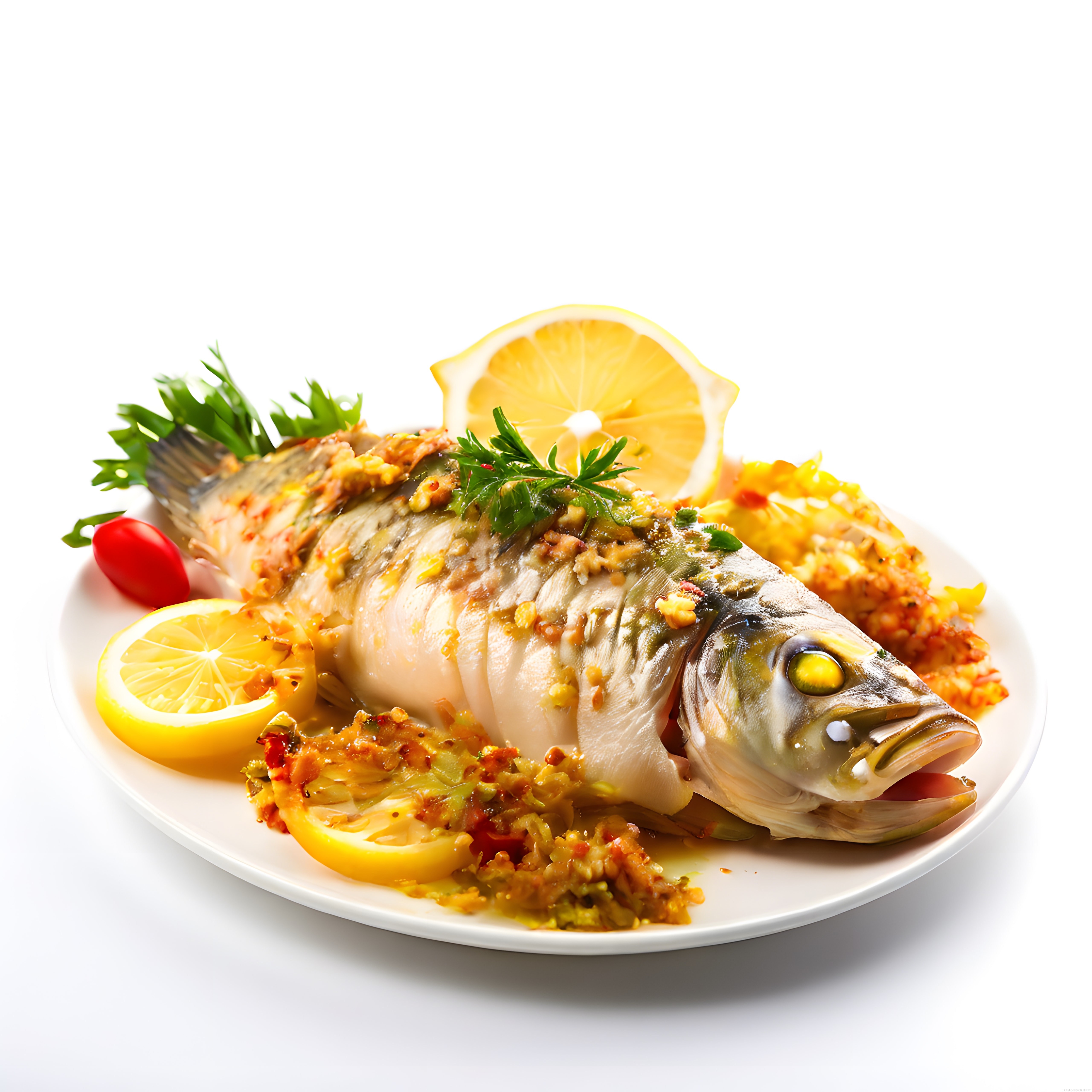 Beyaz Tabakta Limon ve Baharatlı Soslu Fırında Bütün Balık Sunumu