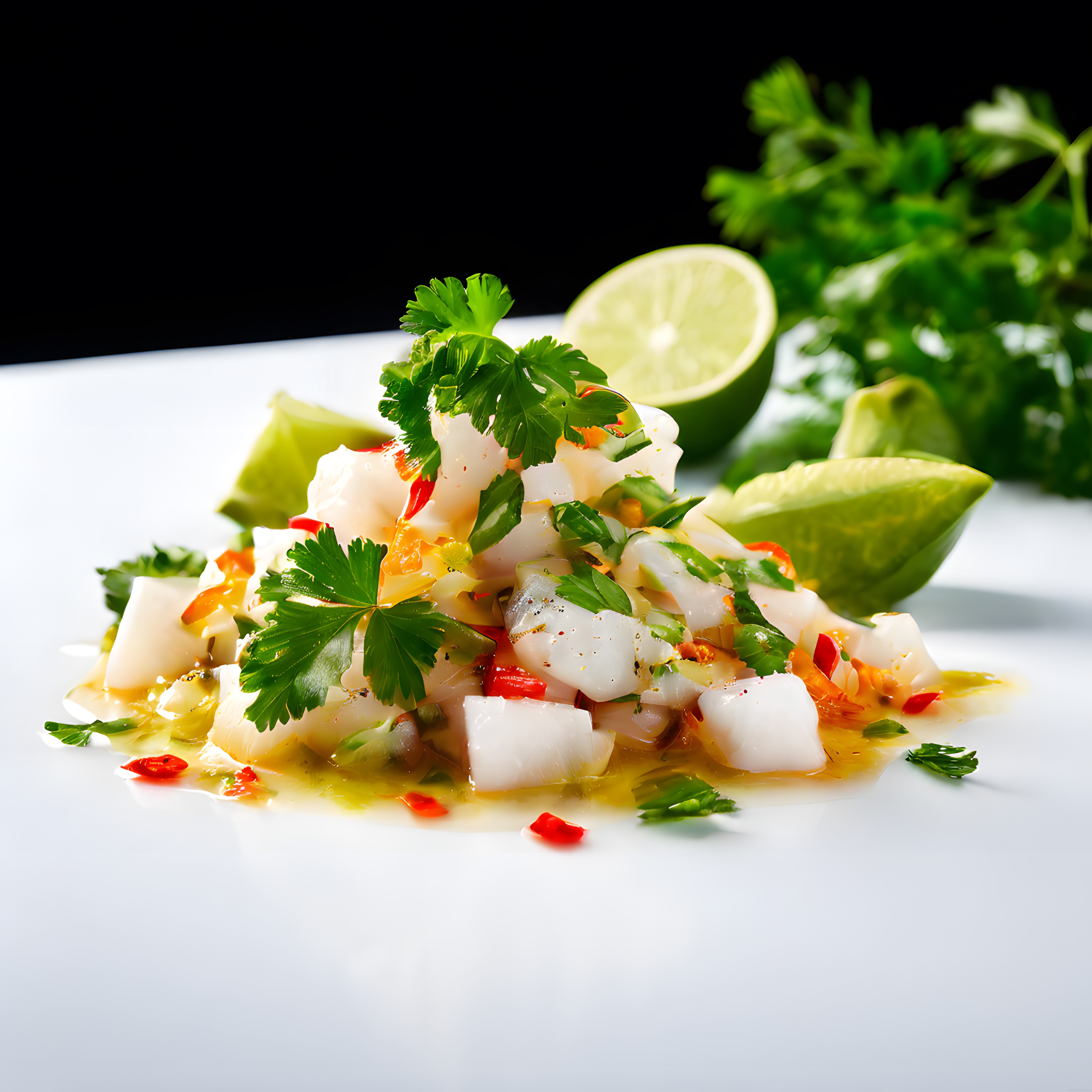 Beyaz Tabakta Limon ve Kişnişli Taze Balık Ceviche Tarif Sunumu