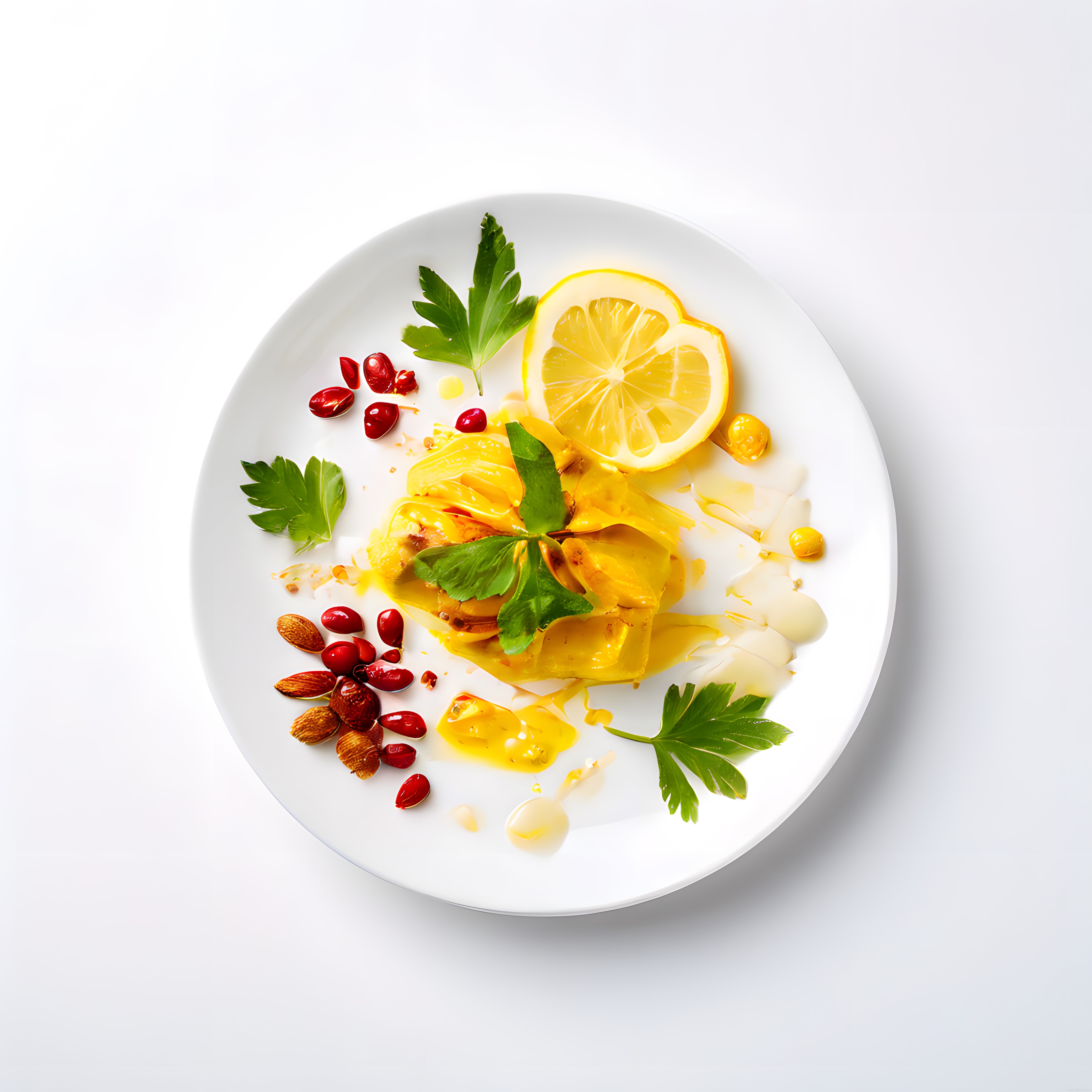 Beyaz Tabakta Limon ve Nar Taneleriyle Süslenmiş Şık ve Lezzetli Yemek Sunumu