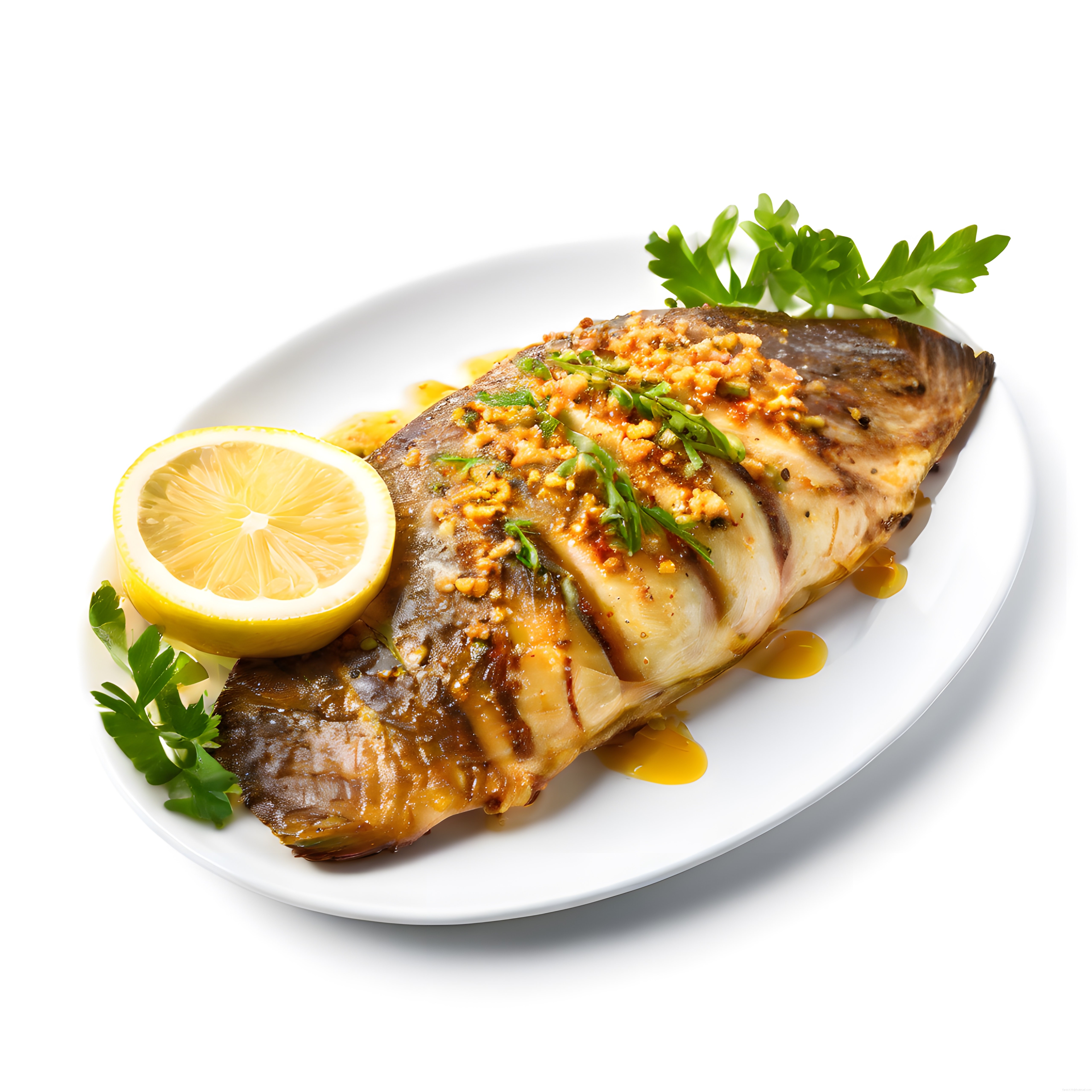 Beyaz Tabakta Maydanoz ve Limon ile Süslenmiş Sarımsak Soslu Balık Fileto