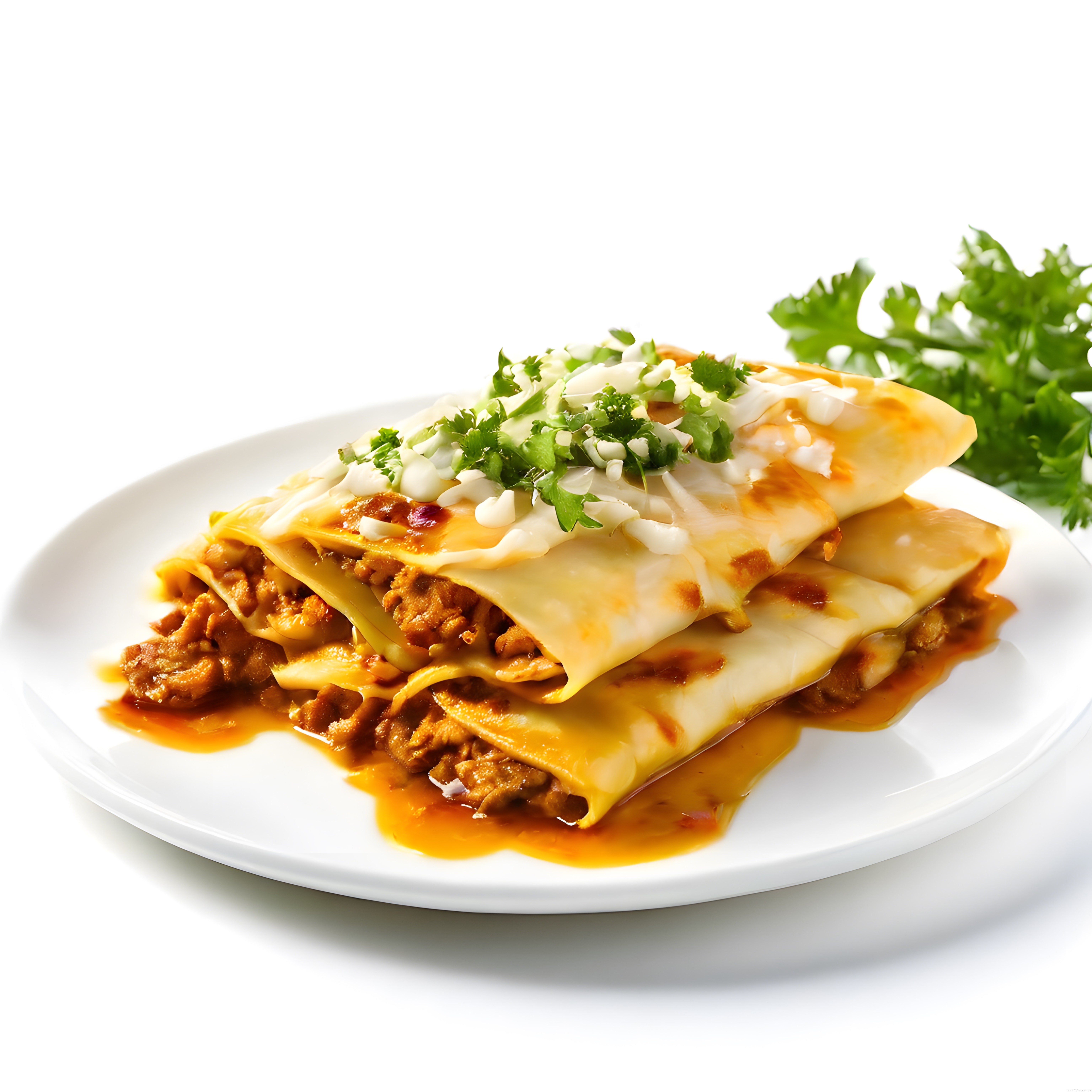 Beyaz Tabakta Meksika Enchiladası: Kıymalı Peynirli Rulo ve Taze Otlar