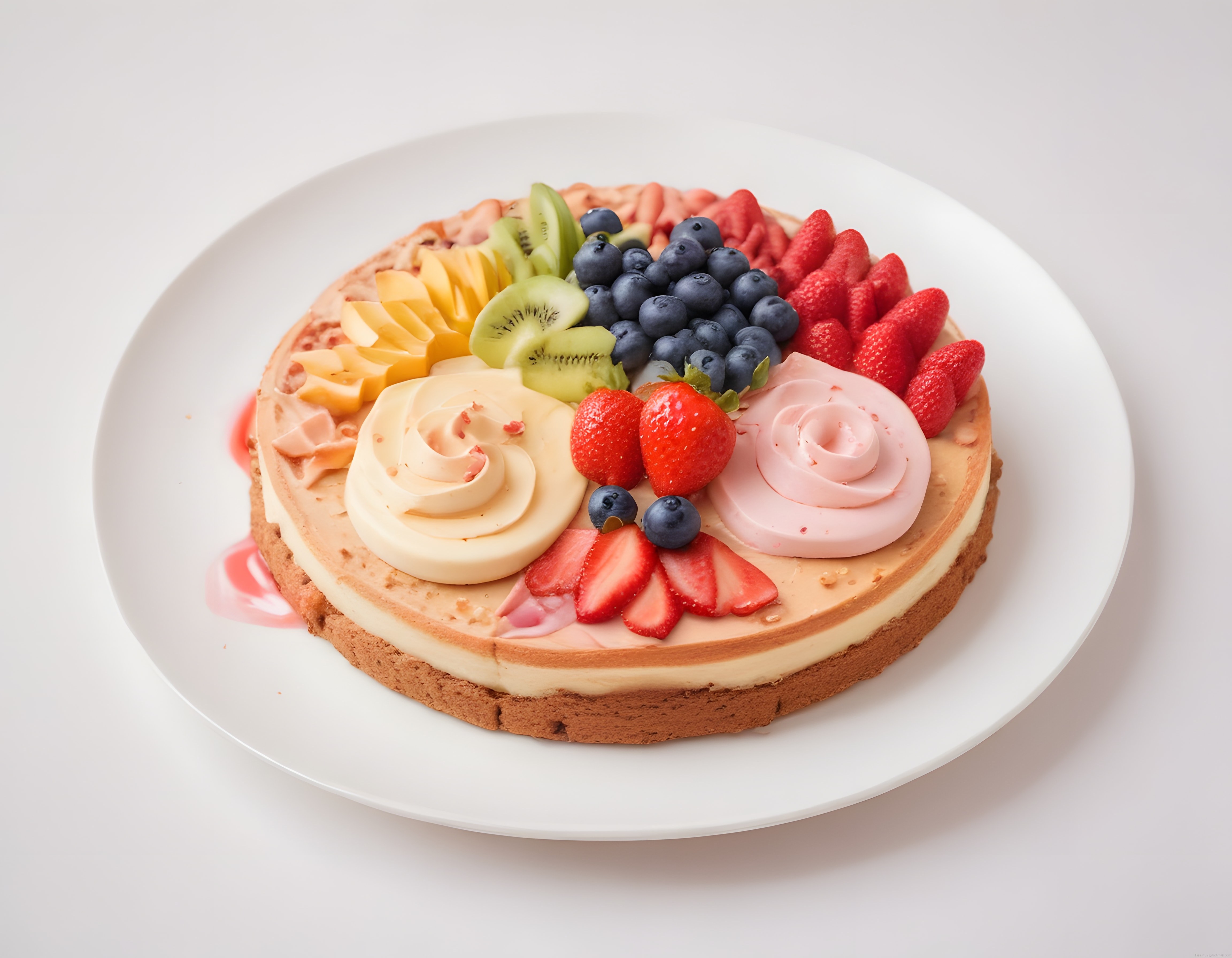 Beyaz Tabakta Meyveli Cheesecake: Çilek, Yaban Mersini ve Kivi ile Süslenmiş Pasta