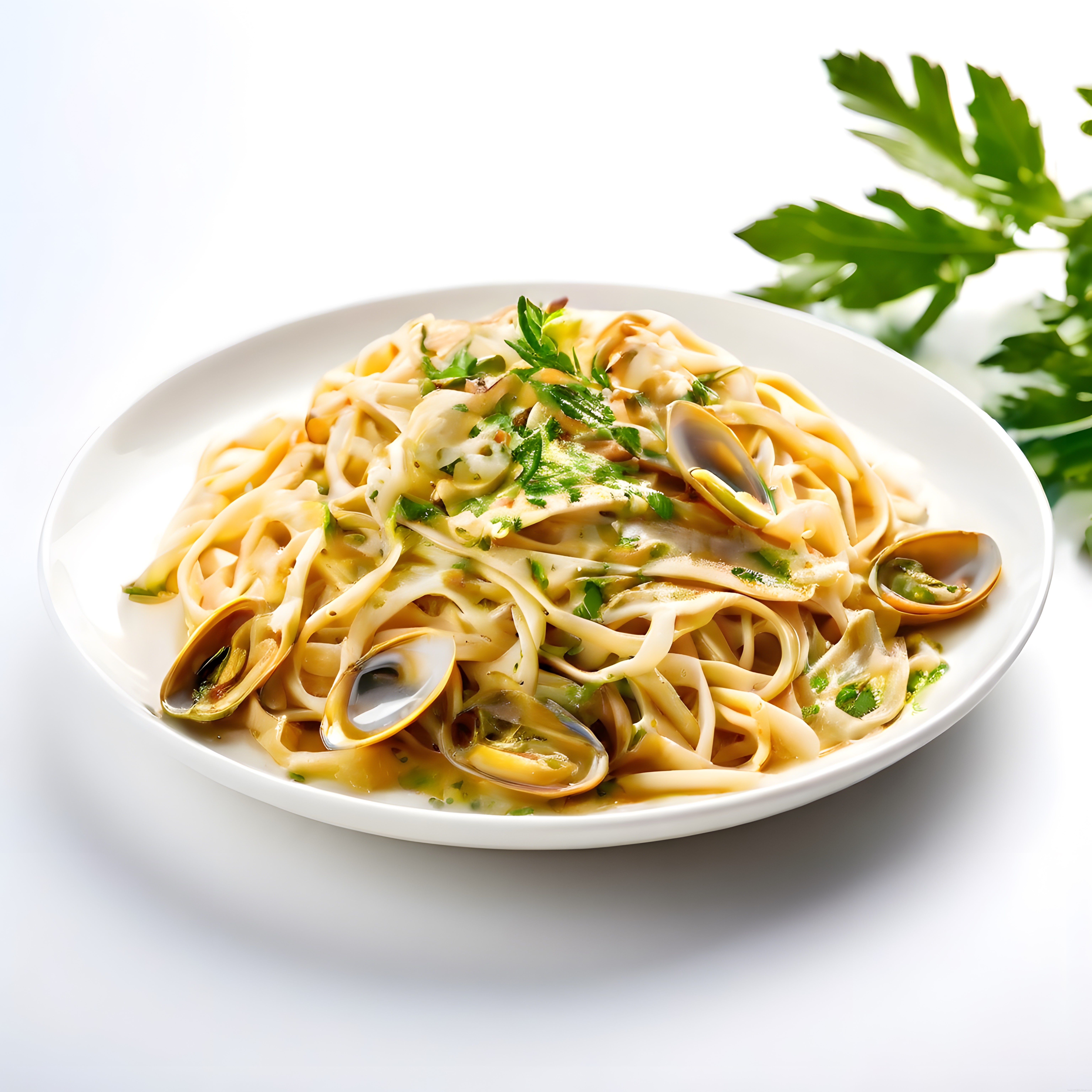 Beyaz Tabakta Midyeli Linguine Makarna: Sahil Esintili Akdeniz Lezzeti