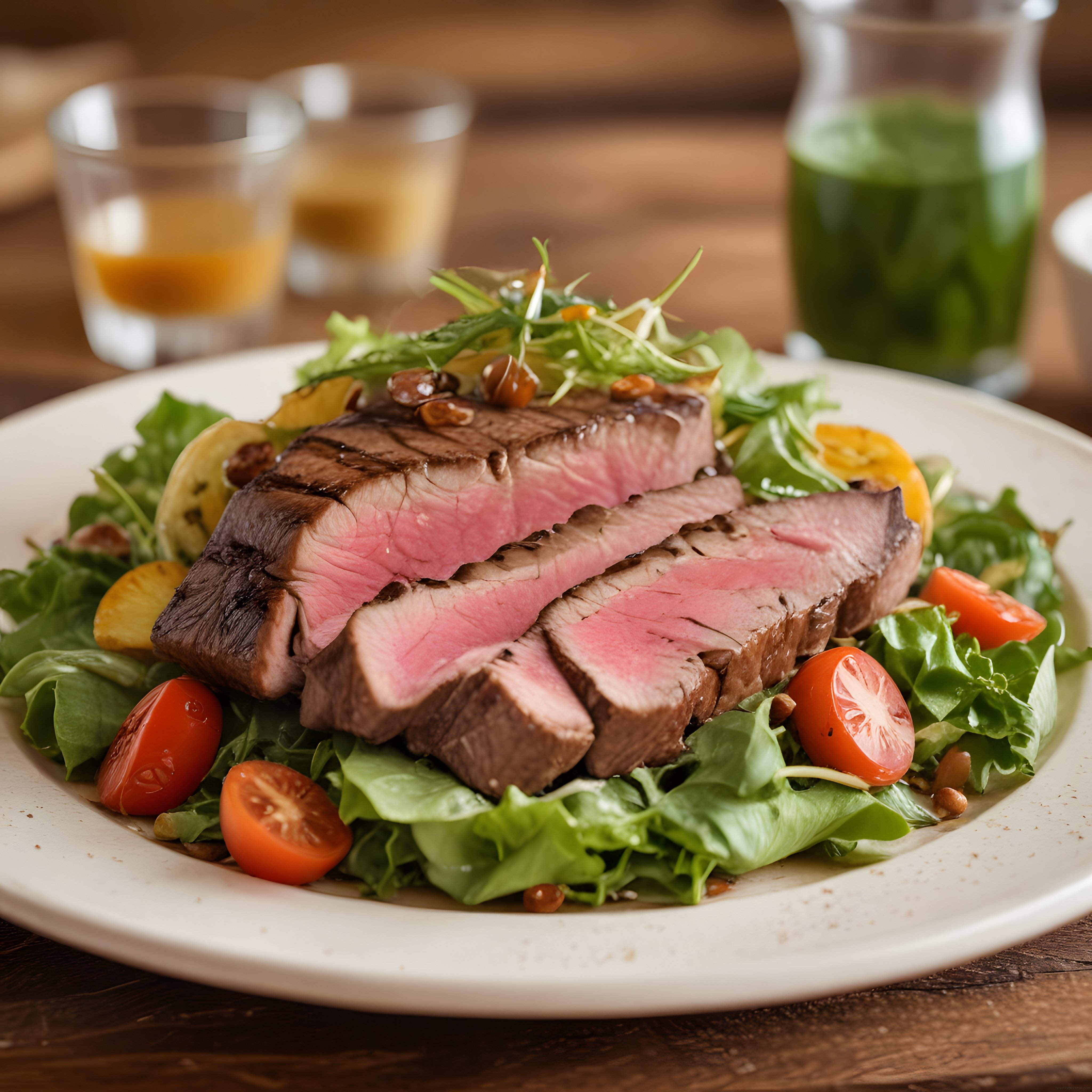 Beyaz Tabakta Orta Pişmiş Biftek Dilimleri ve Yeşil Salata Sunumu