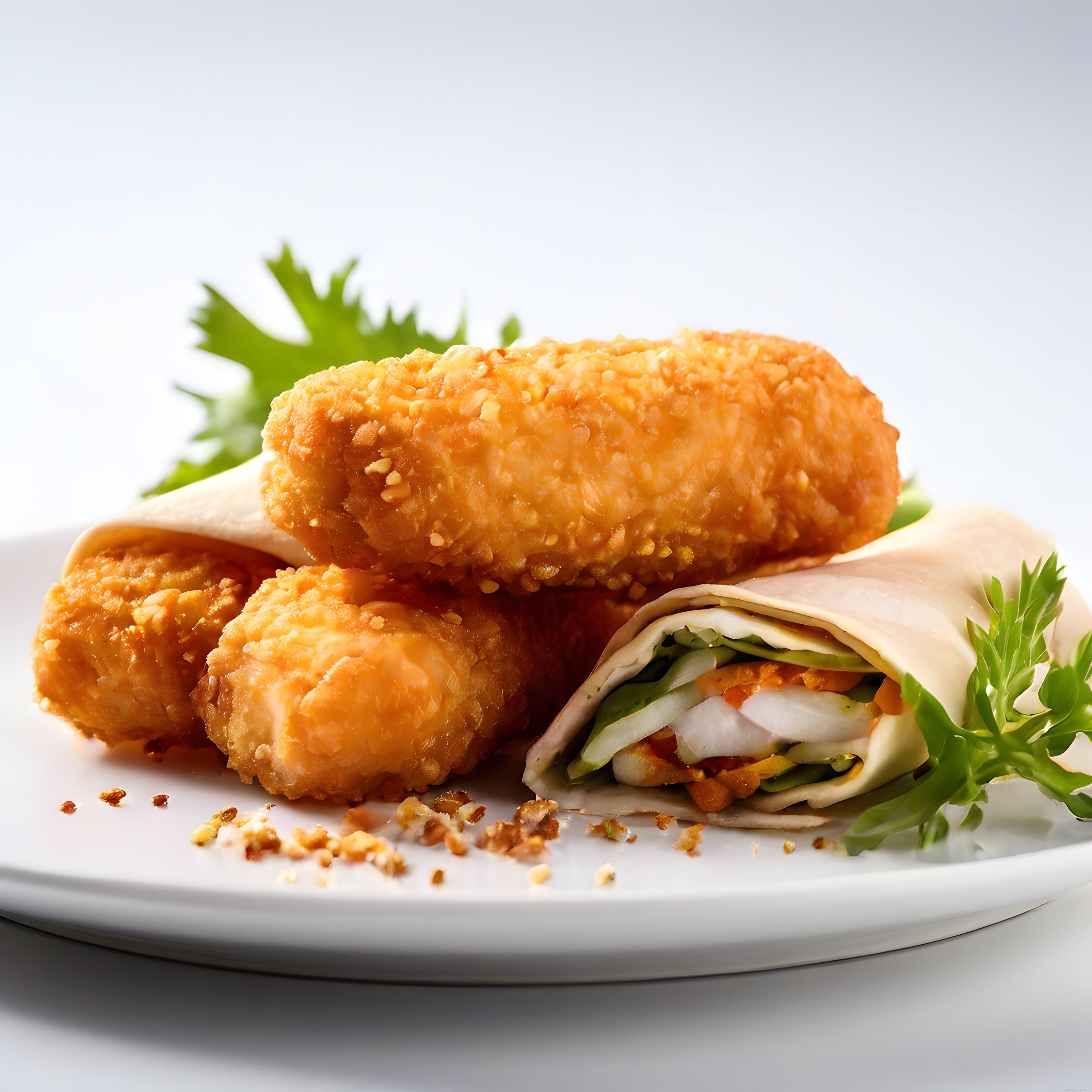 Beyaz Tabakta Pane Kaplamalı Altın Sarısı Kroket ve Taze Sebzeli Wrap