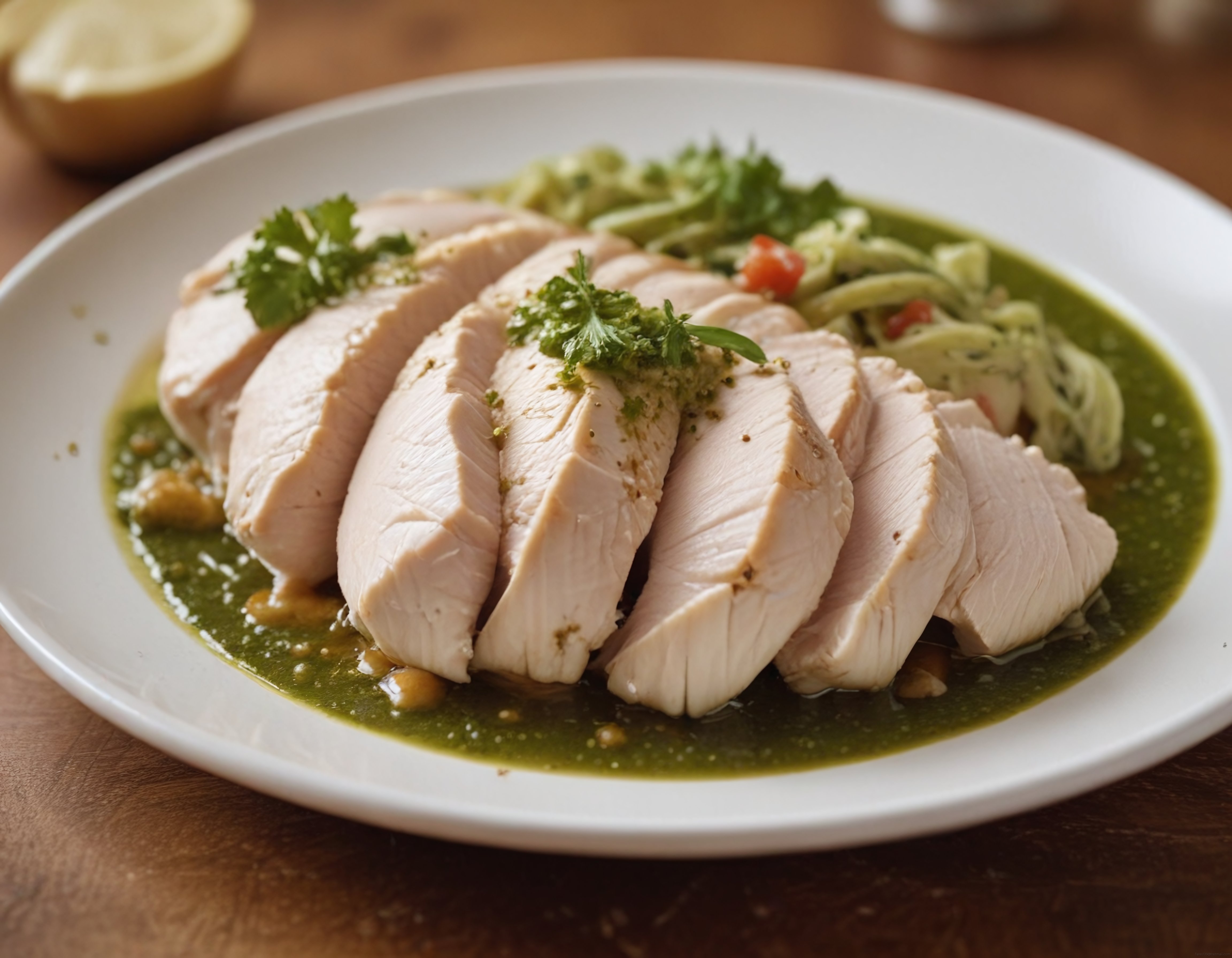 Beyaz Tabakta Pesto Soslu Dilimlenmiş Tavuk Göğsü ve Salata Sunumu