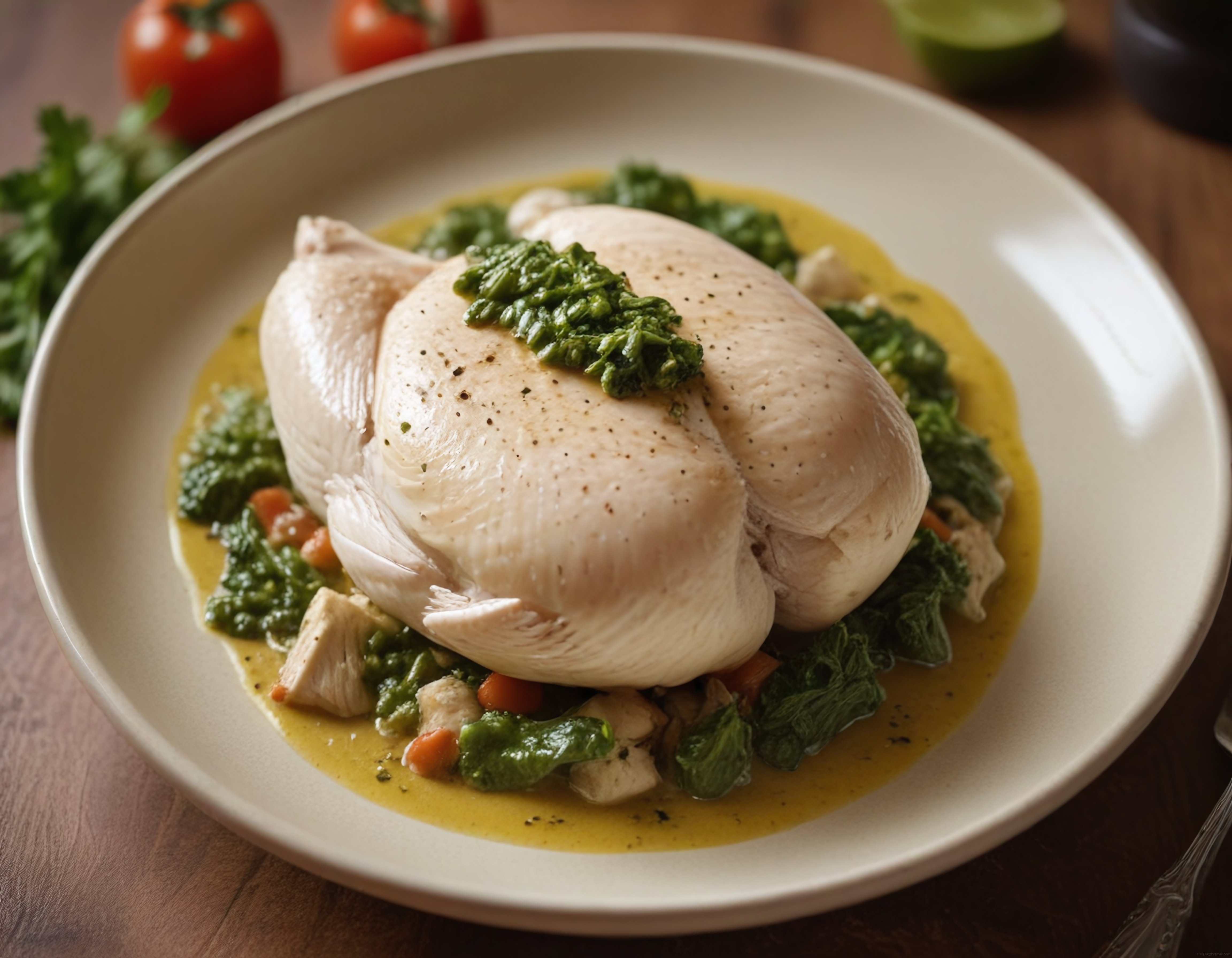 Beyaz Tabakta Pesto Soslu Tavuk Göğsü ve Sebzeli Akşam Yemeği Tarifi