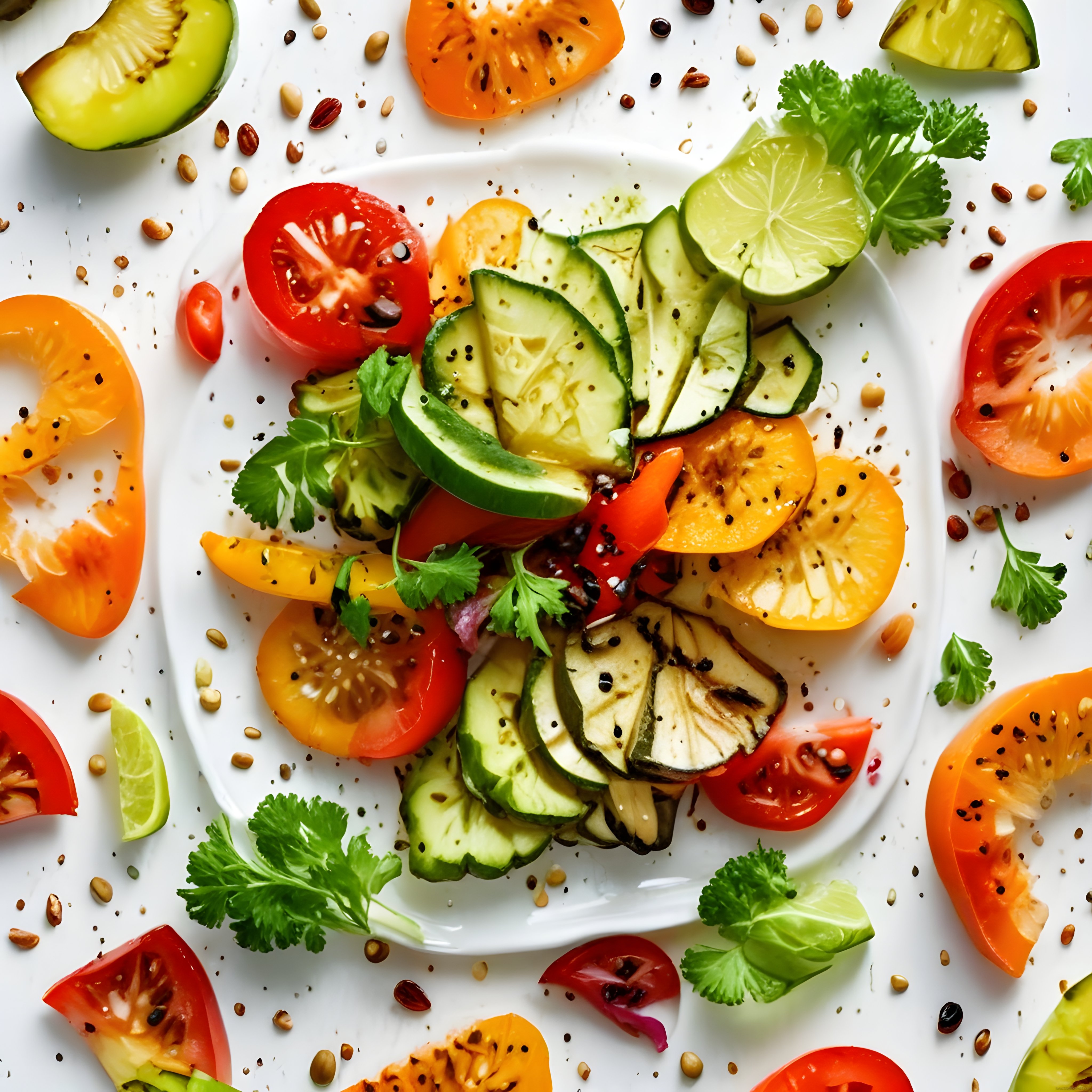 Beyaz Tabakta Renkli Domates ve Salatalıklı Taze Naneli Sağlıklı Vegan Salata