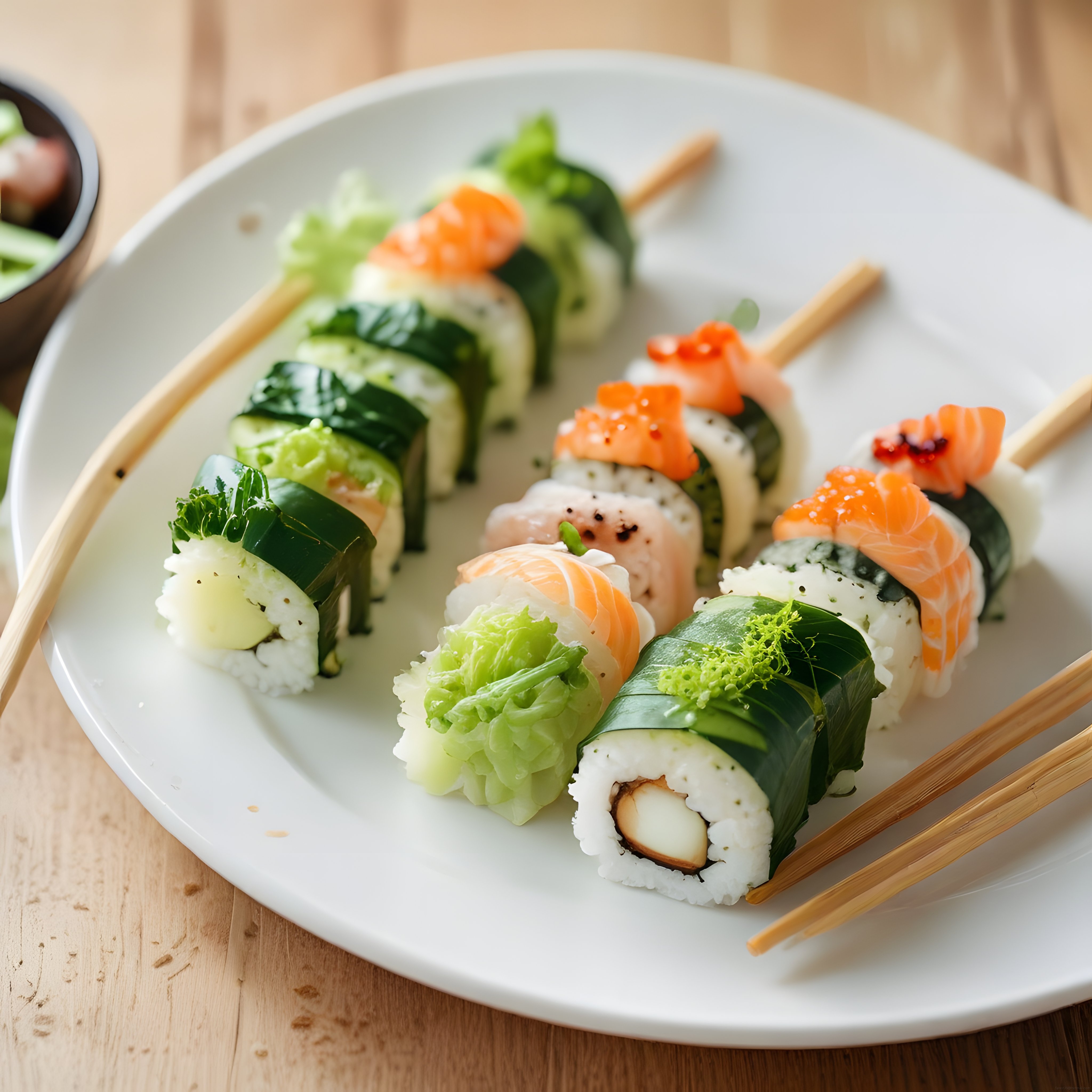 Beyaz tabakta renkli sushi çeşitleri, yeşil sebzeler ve bambu çubuklarla şık sunum