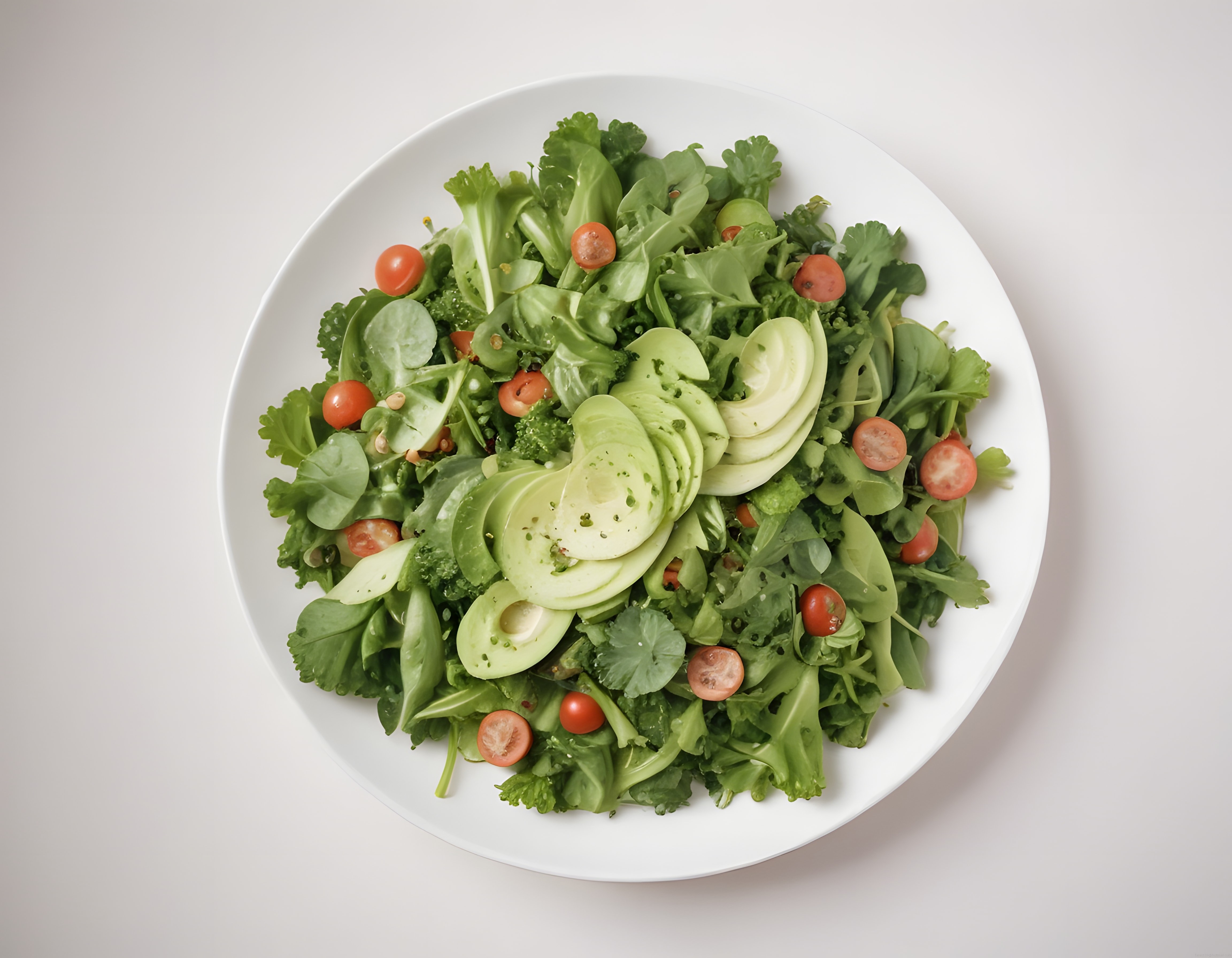 Beyaz Tabakta Renkli Yeşillik Salatası: Avokado ve Domatesli Sağlıklı Tarif