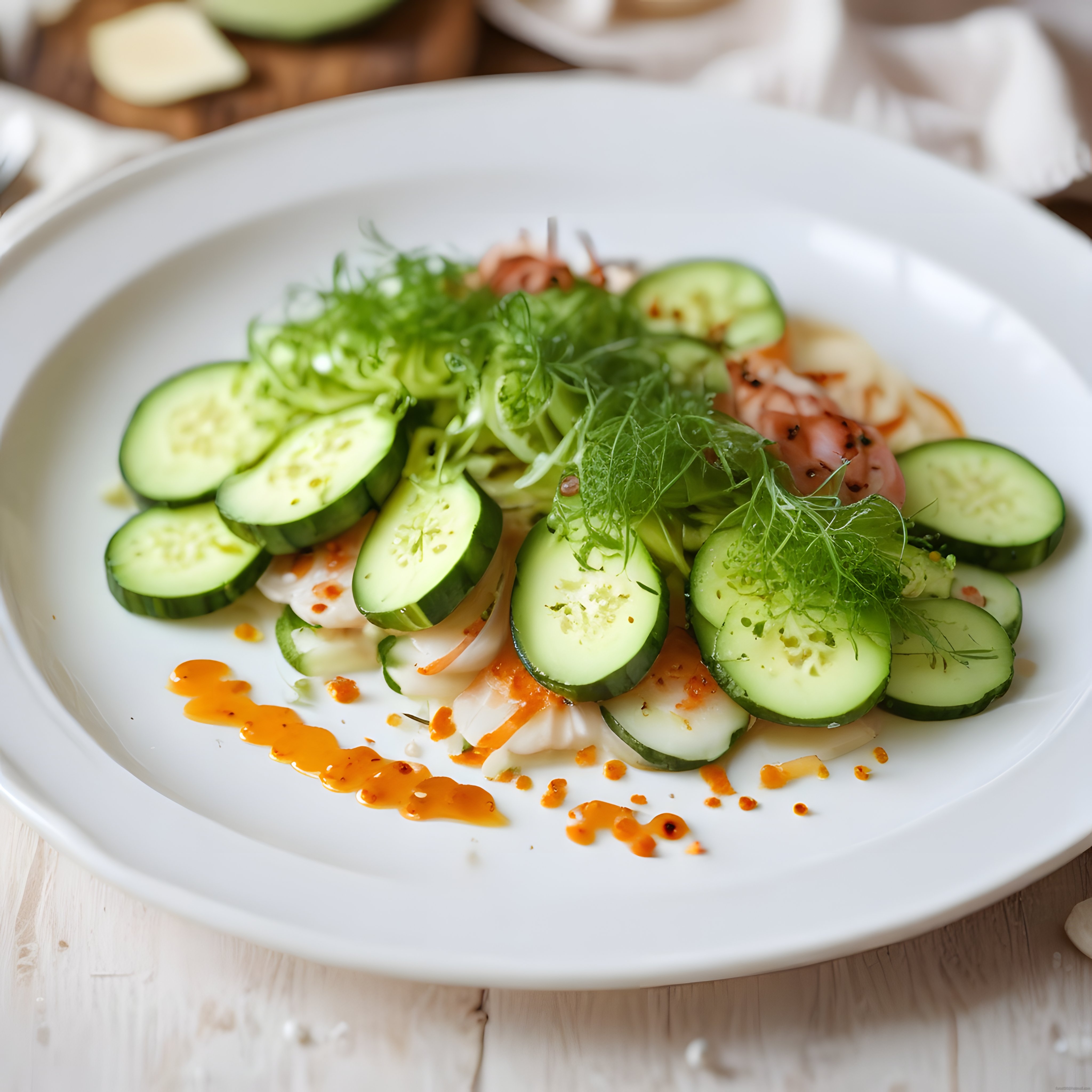 Beyaz Tabakta Salatalık, Rezene ve Nar Soslu Taze Salata Sunumu