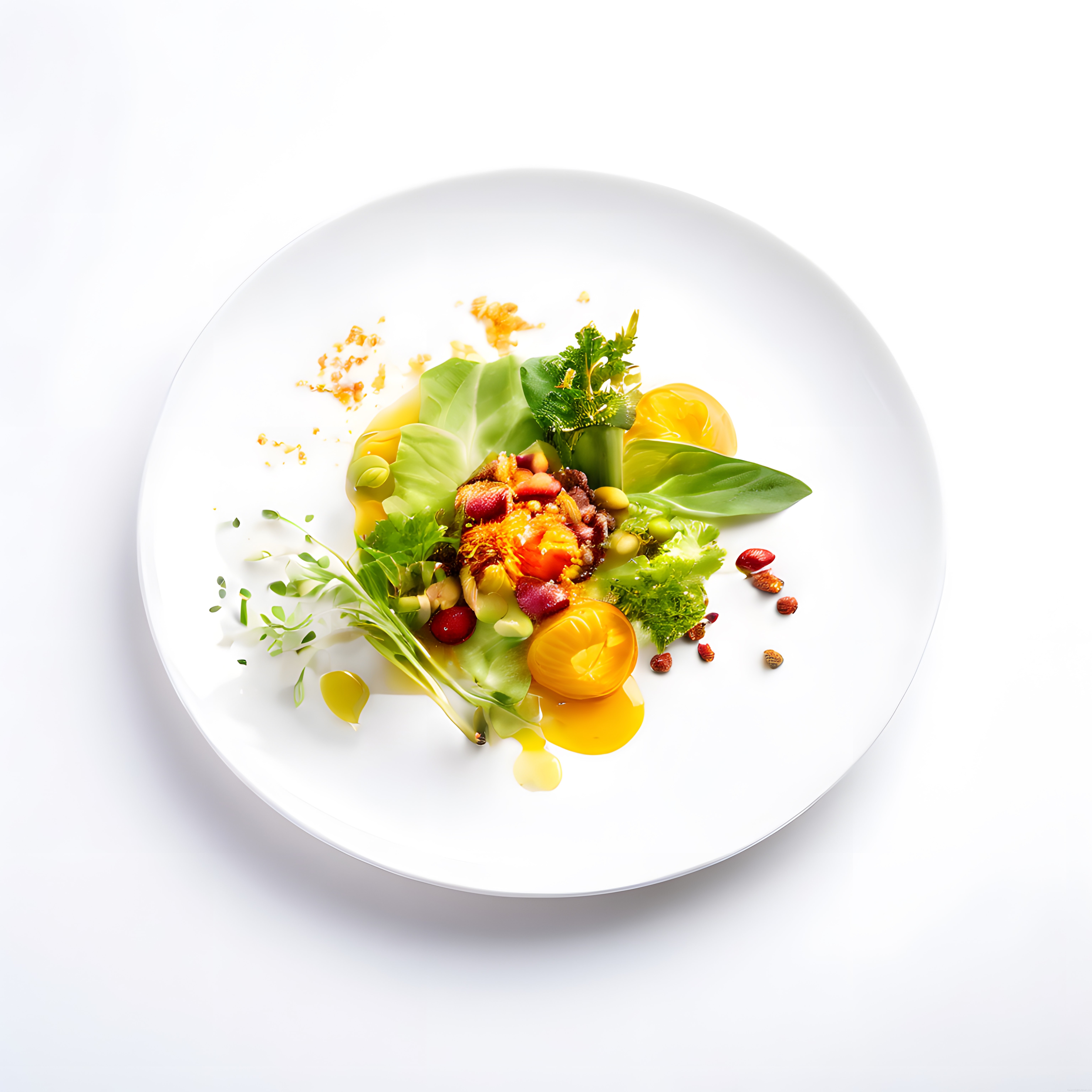 Beyaz tabakta sanatsal şekilde sunulmuş renkli ve taze fine dining tabağı