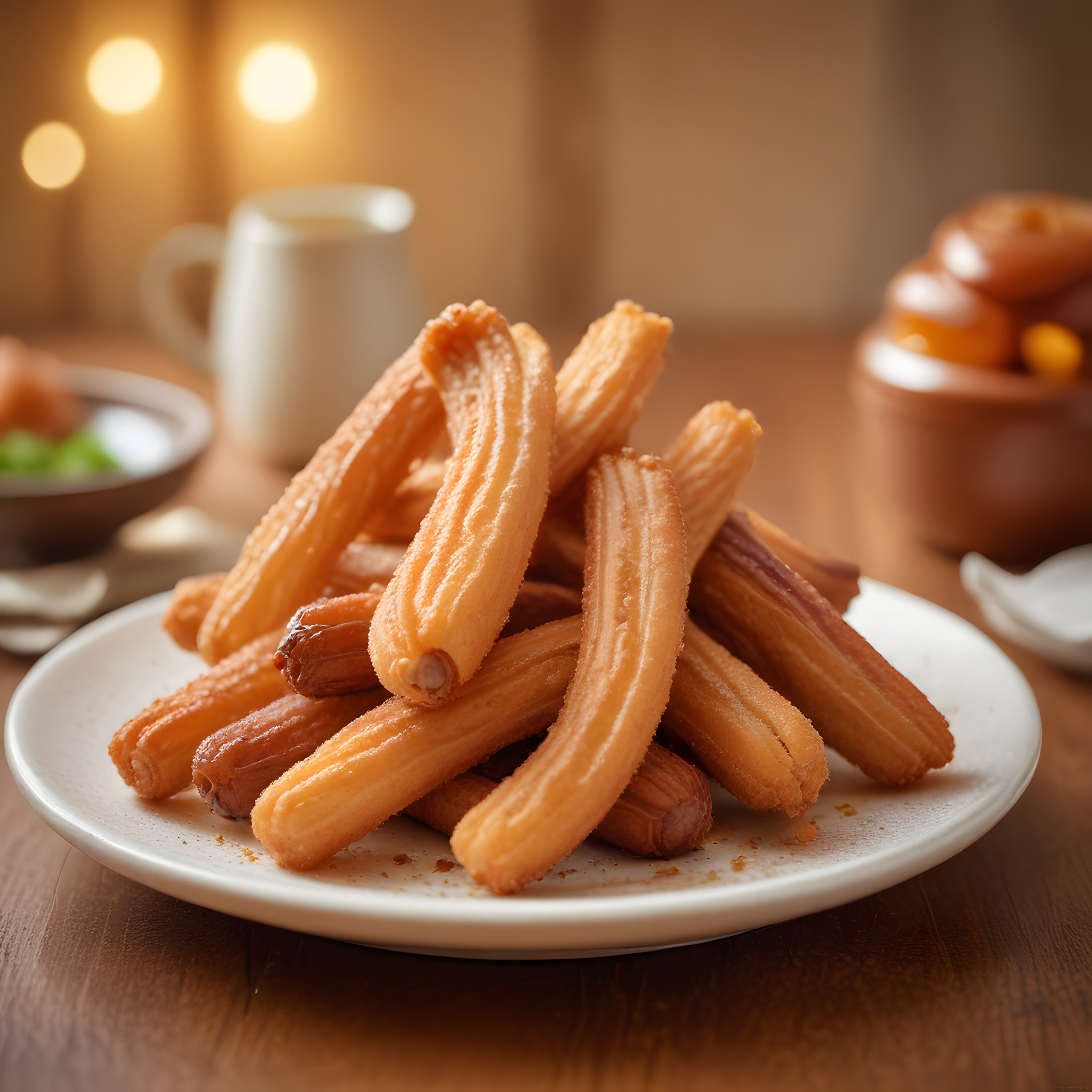 Beyaz Tabakta Şekerli Tarçınlı Churros ve Sıcak İçecek Sunumu