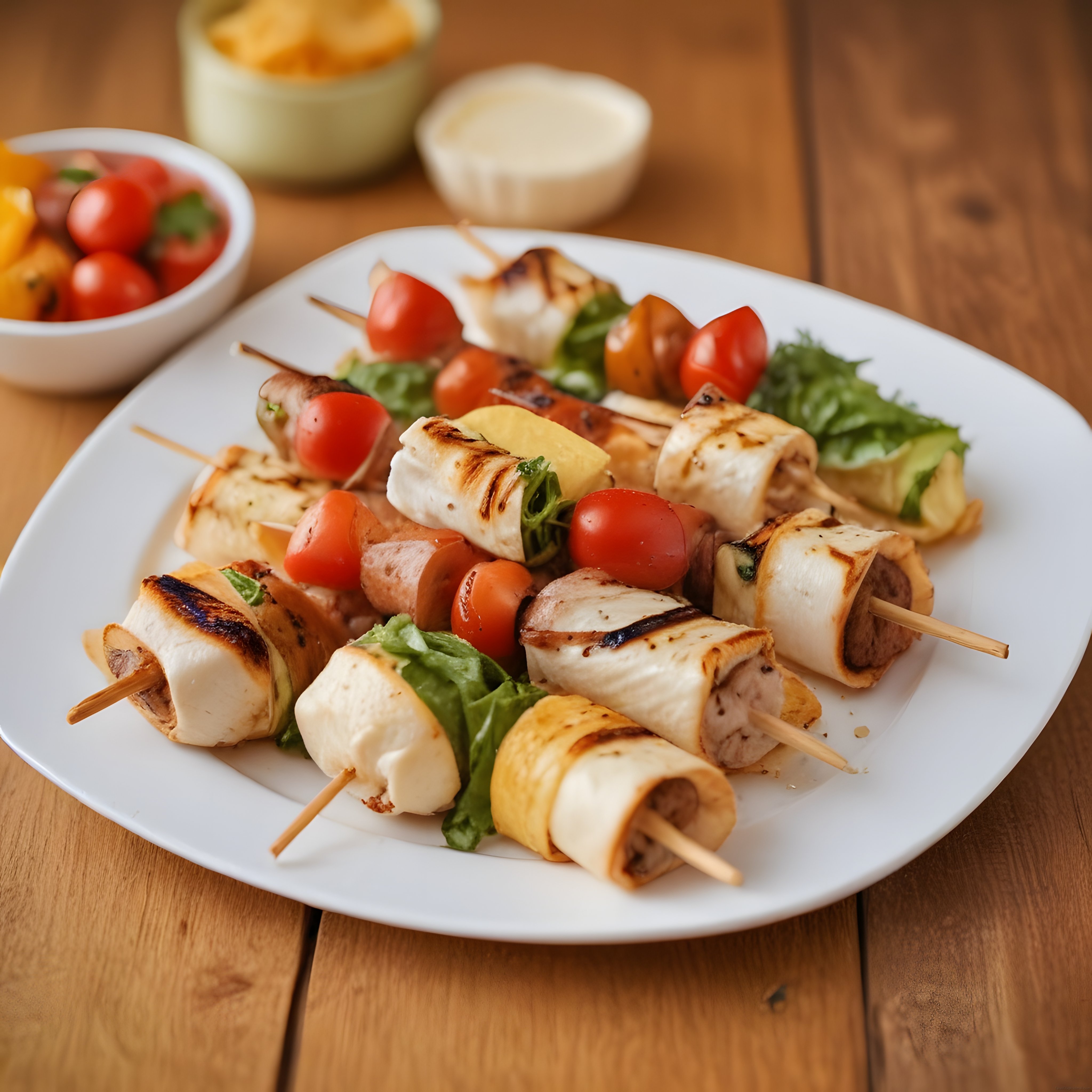 Beyaz Tabakta Şiş Kebap Peynir Sarma ve Cherry Domatesli Ahşap Masa Sunumu