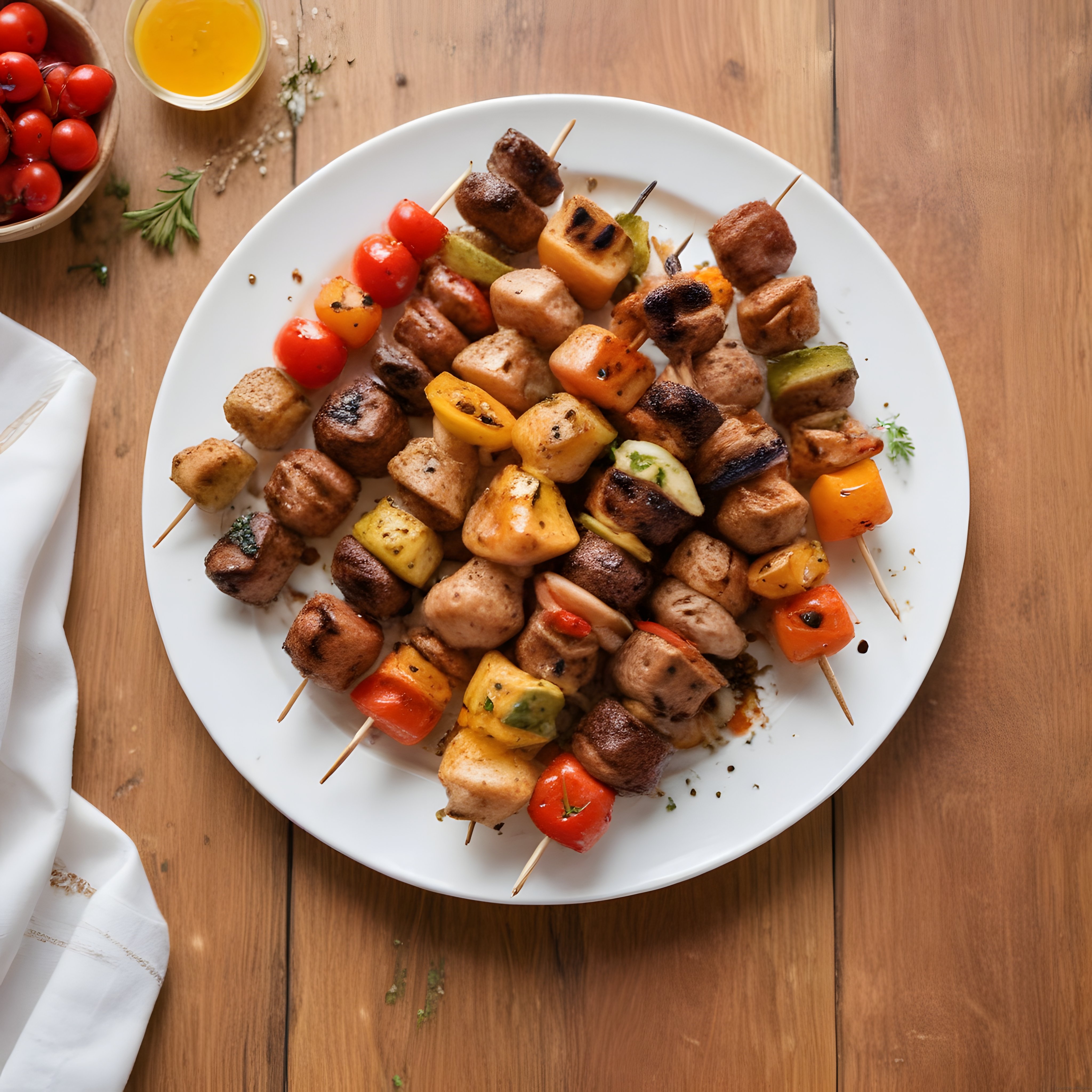 Beyaz Tabakta Şiş Kebap ve Sebze Izgara: Ahşap Masada Lezzetli Yemek Sunumu