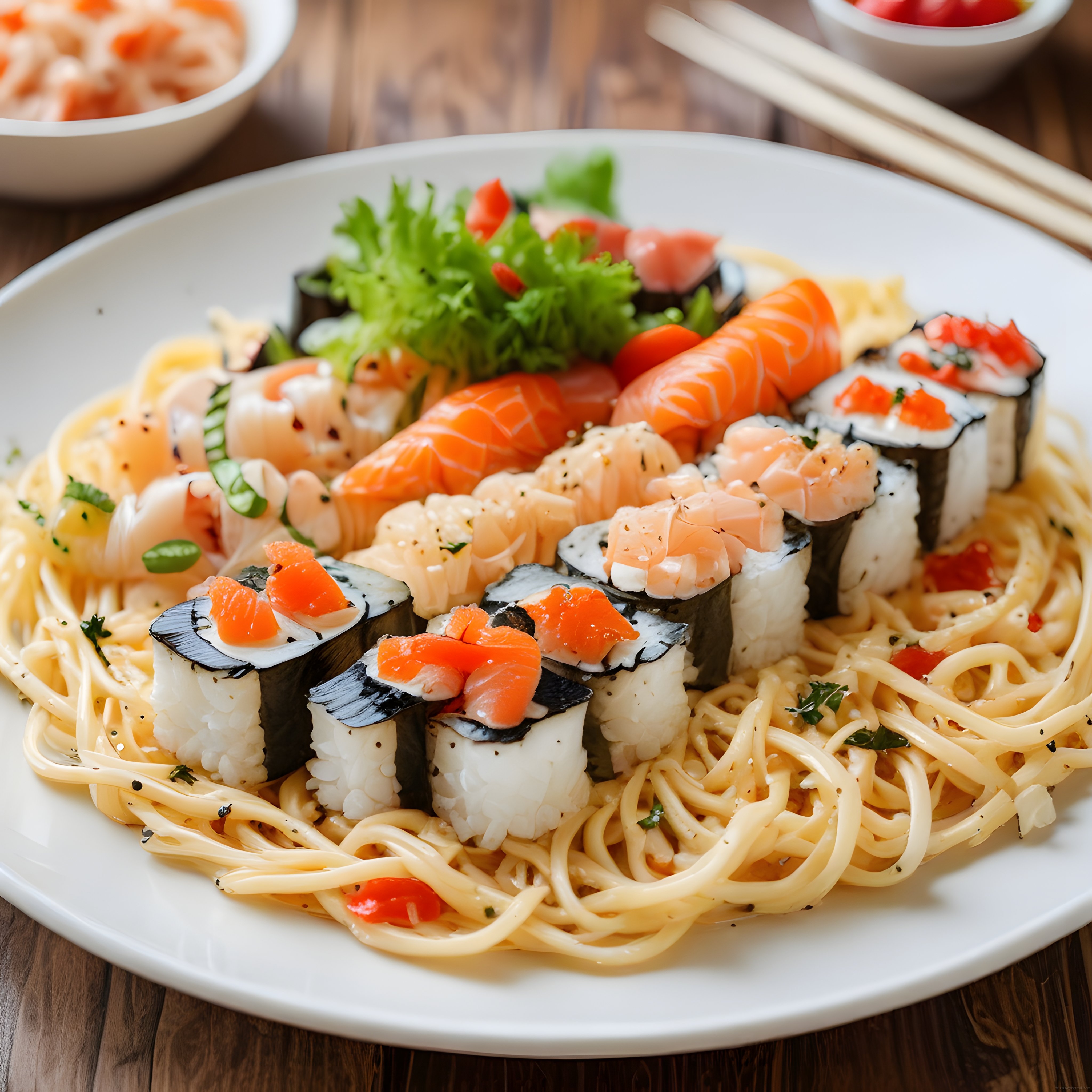Beyaz Tabakta Somonlu Sushi Çeşitleri ve Kremalı Spagetti Sunumu