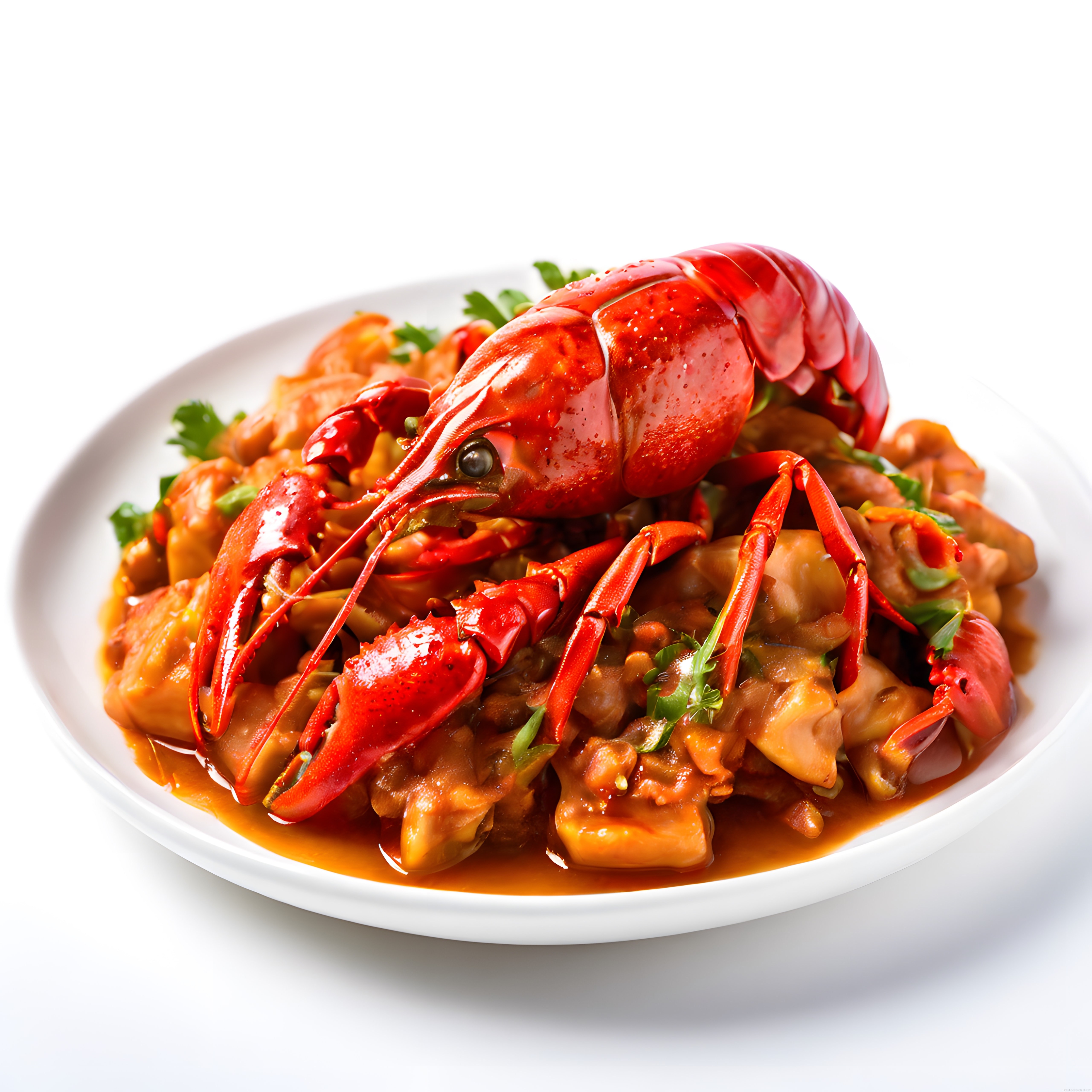 Beyaz Tabakta Soslu Istakoz ve Mantarlı Gourmet Deniz Ürünü Sunumu