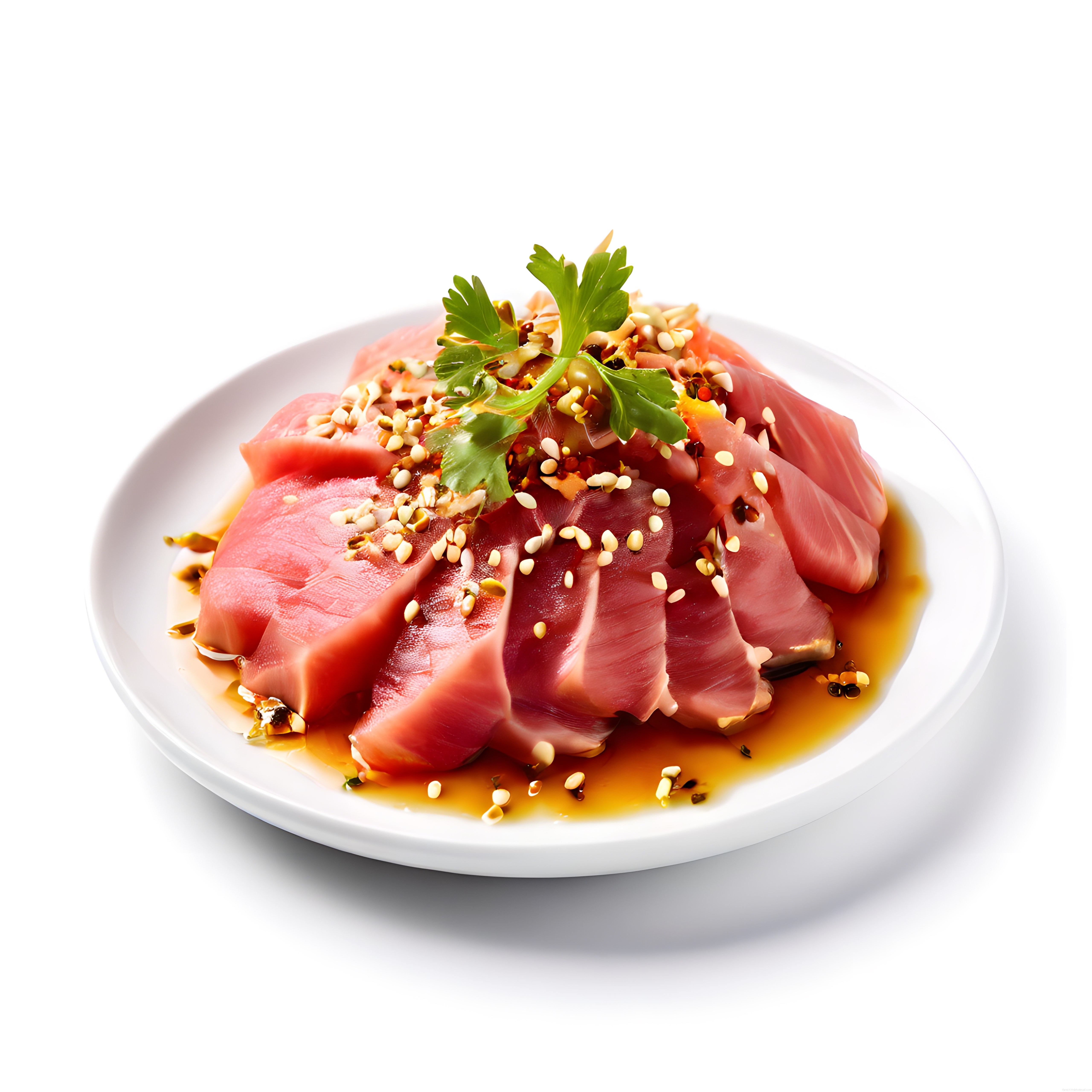 beyaz tabakta soya soslu susamlı ve maydanozlu taze tuna carpaccio sunumu