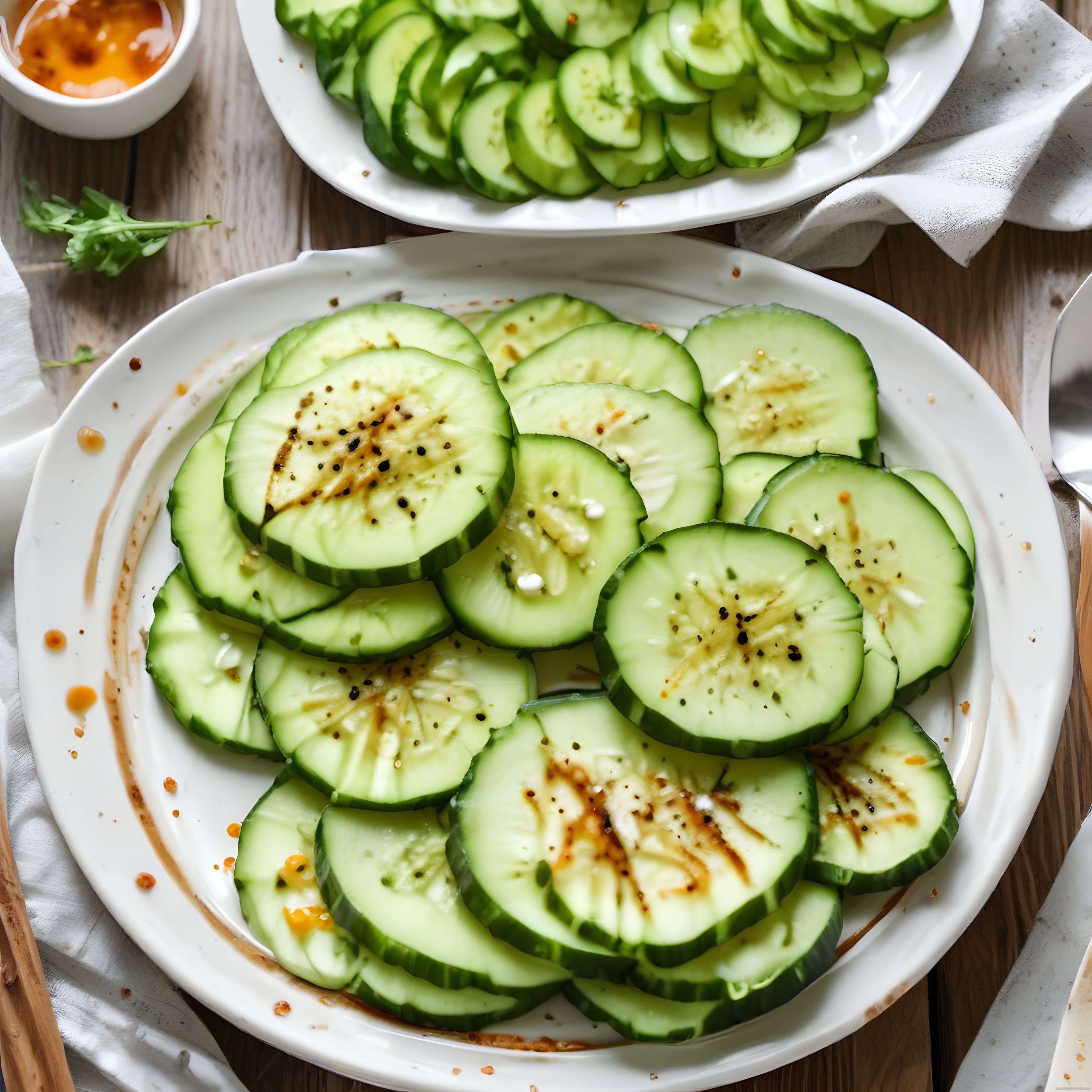 Beyaz Tabakta Soya Soslu ve Baharatlı Salatalık Salatası