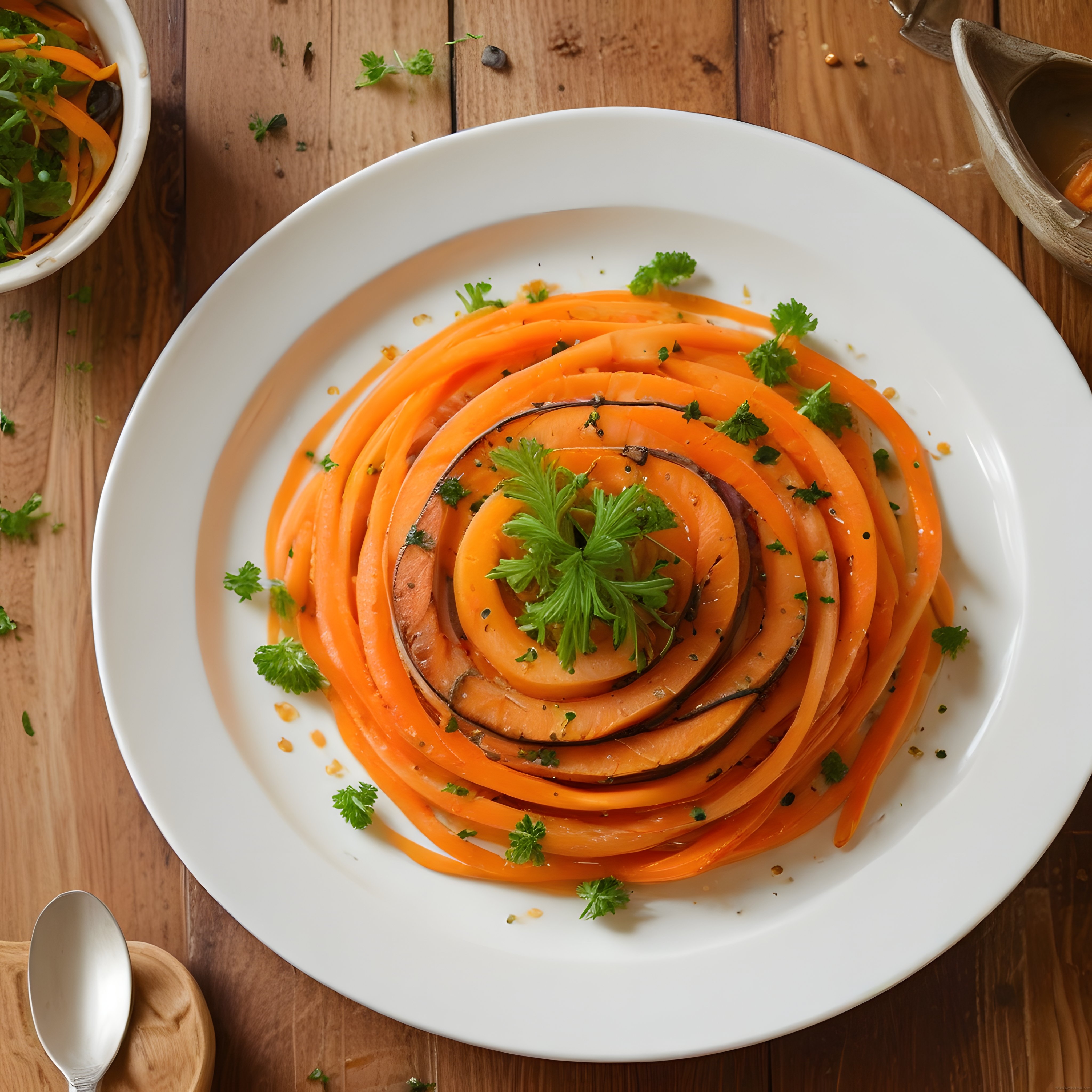 Beyaz Tabakta Spiral Kesim Balkabağı Salatası ve Maydanoz Süslemeli Sunum