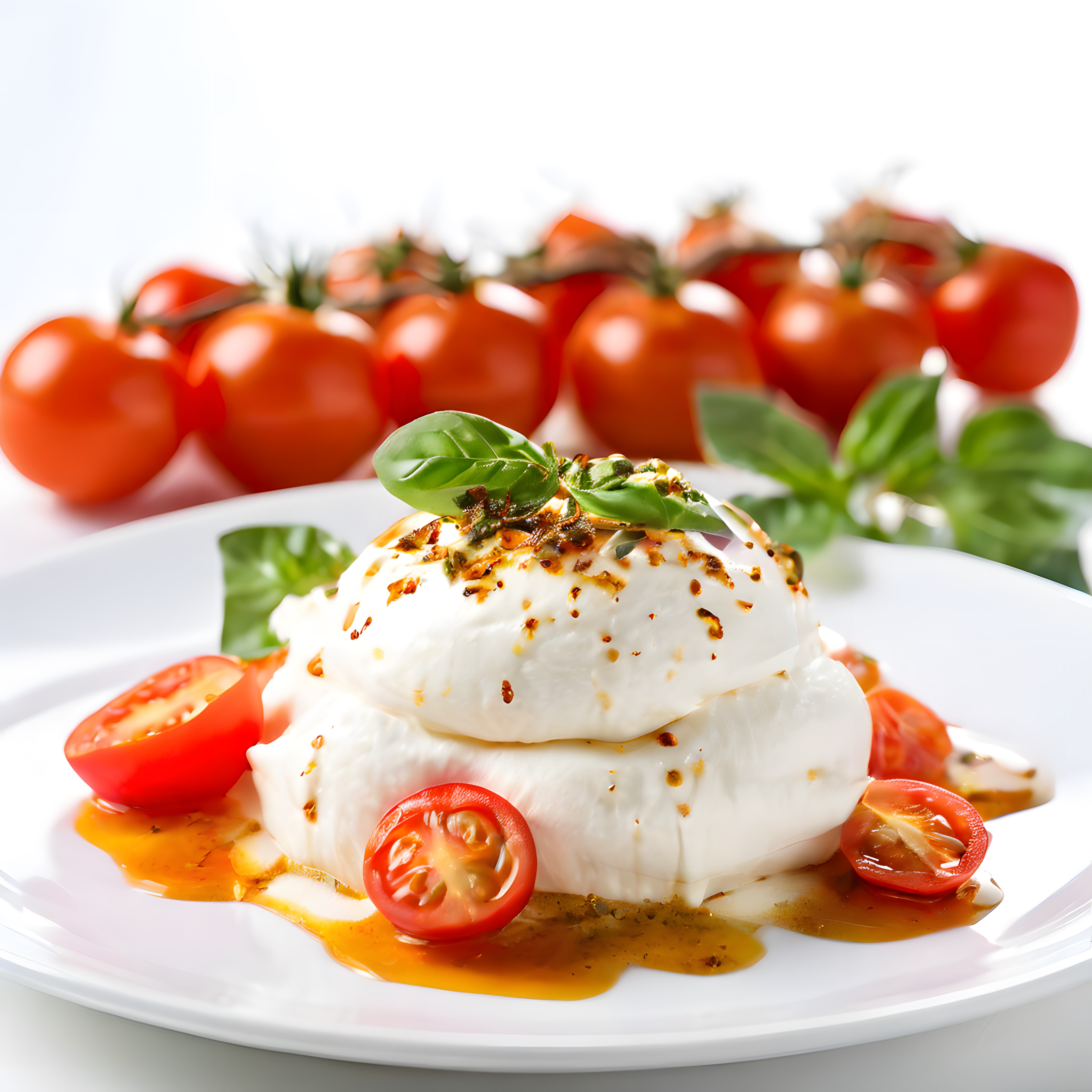 Beyaz Tabakta Sunulan Taze Mozzarella ve Domatesli İtalyan Caprese Salatası