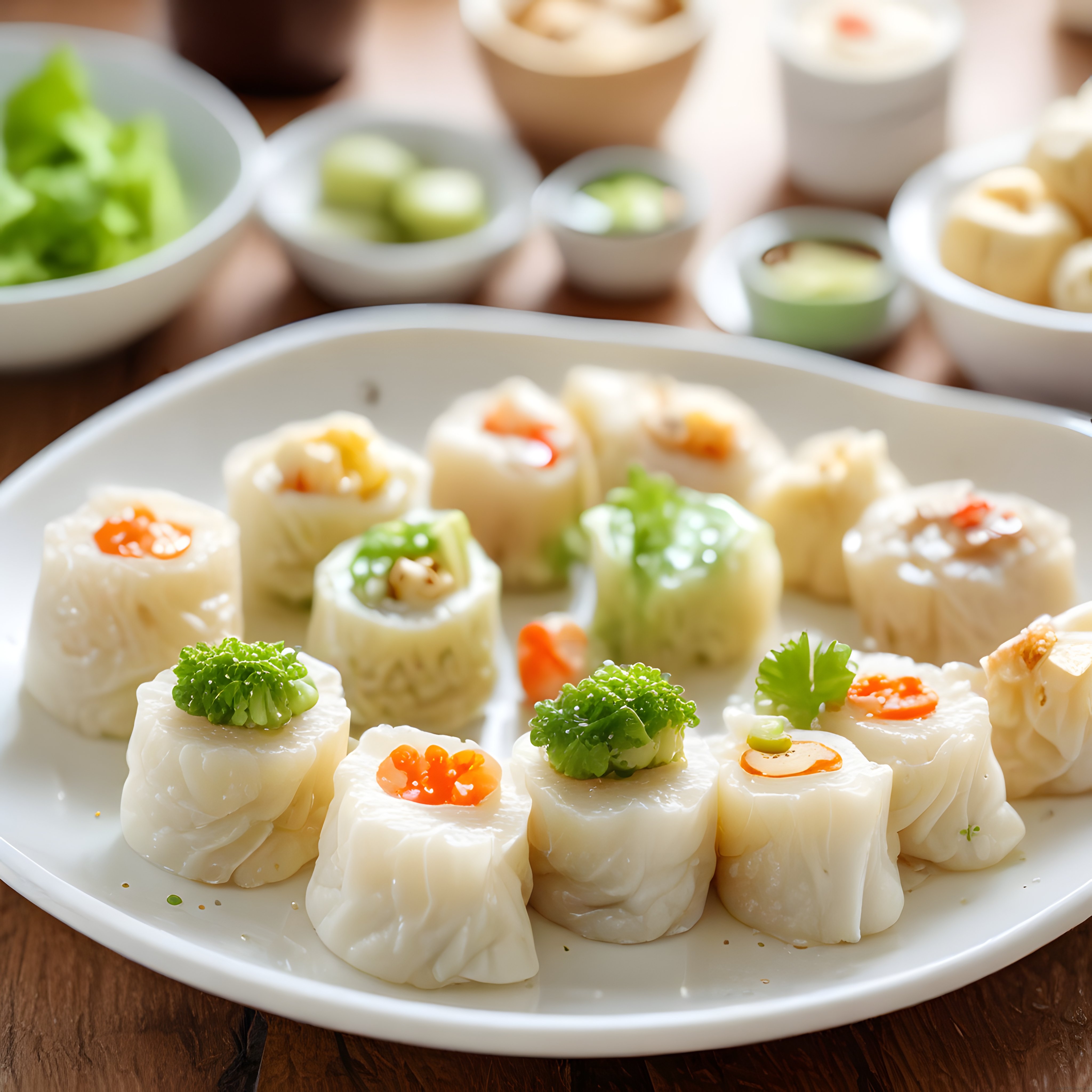 Beyaz tabakta sunulan taze sushi ruloları ve Asya mutfağı lezzetleri