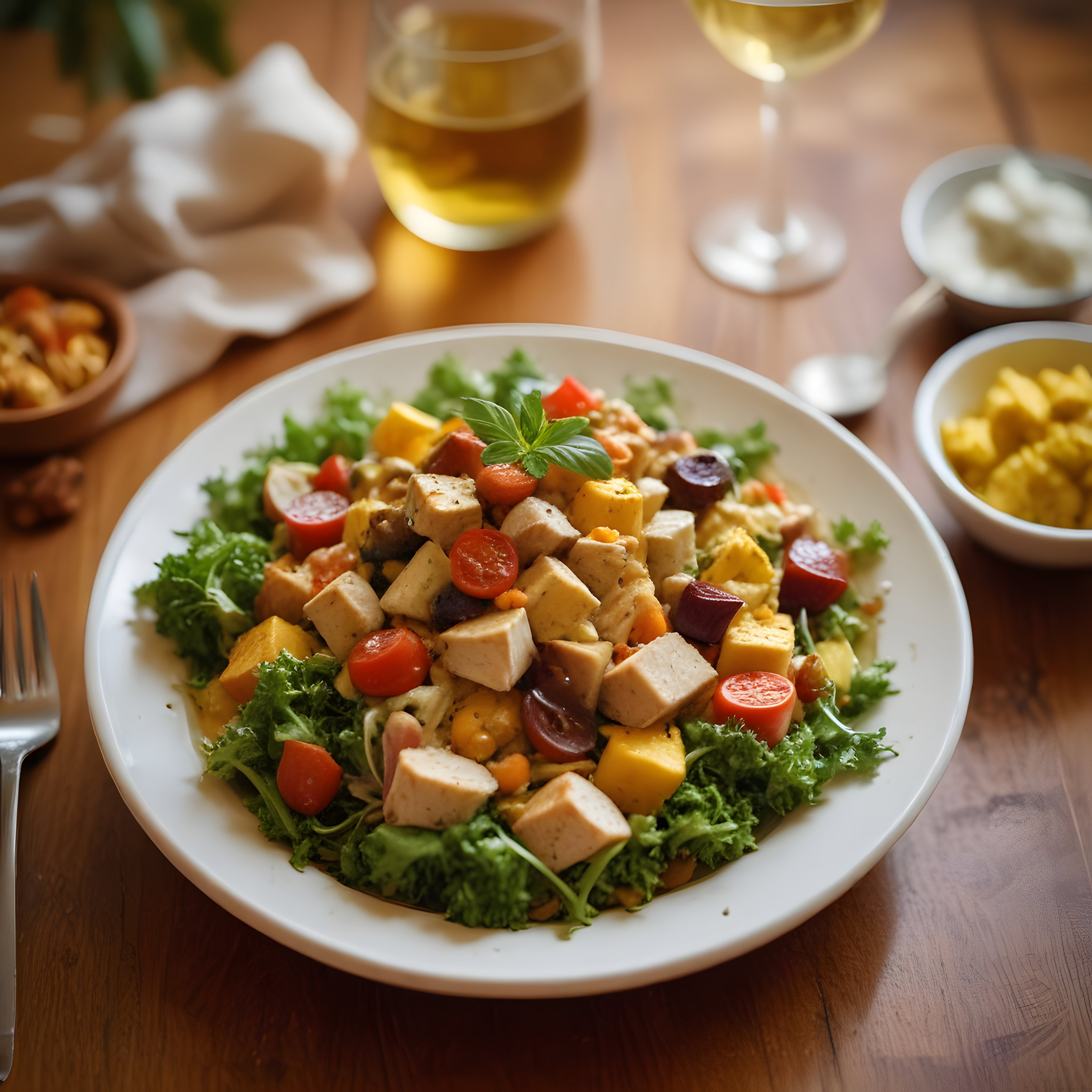 Beyaz Tabakta Tavuklu Mango ve Fesleğenli Salata ile Ahşap Masa Sunumu
