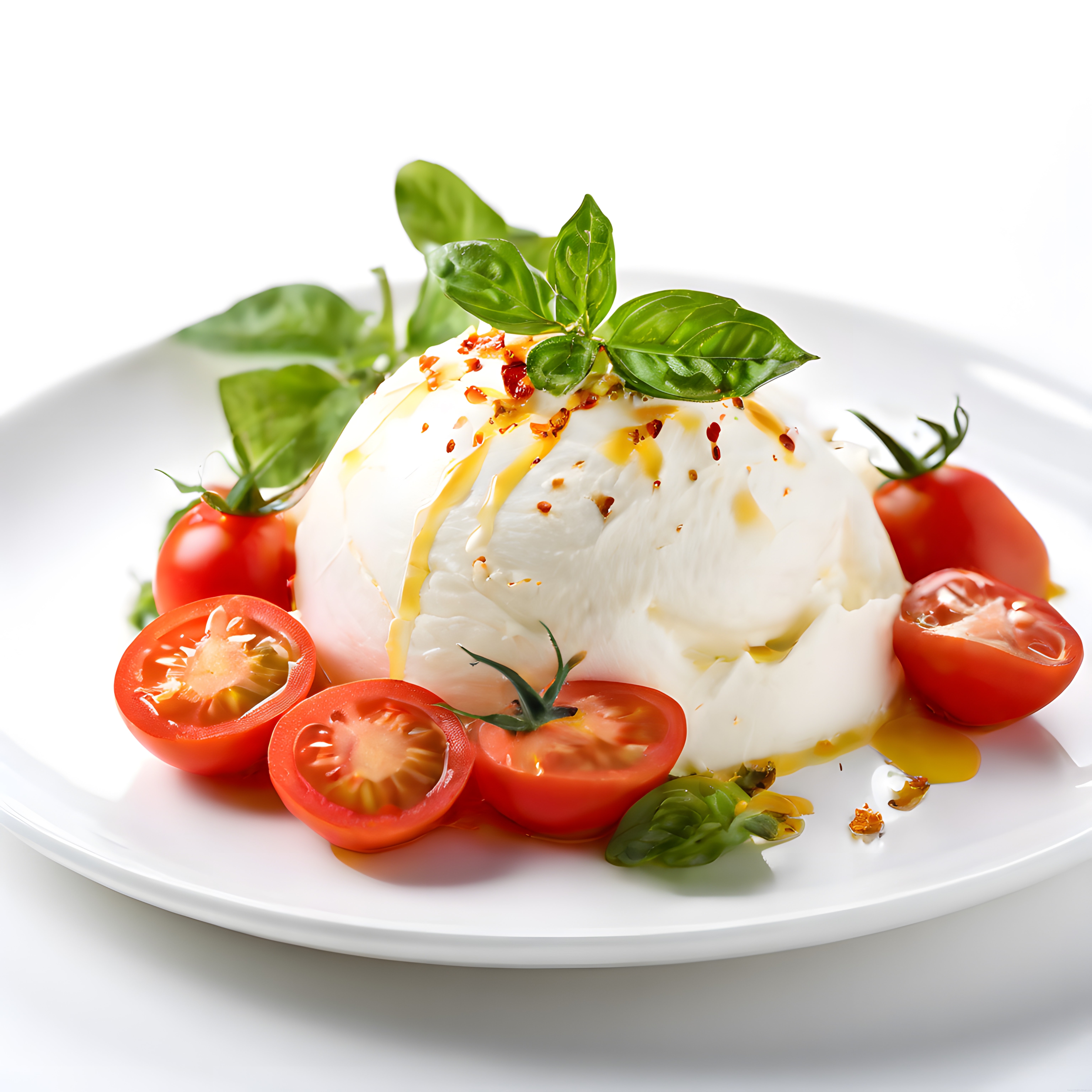 Beyaz Tabakta Taze Burrata Peyniri, Domates ve Fesleğenli İtalyan Salata Sunumu