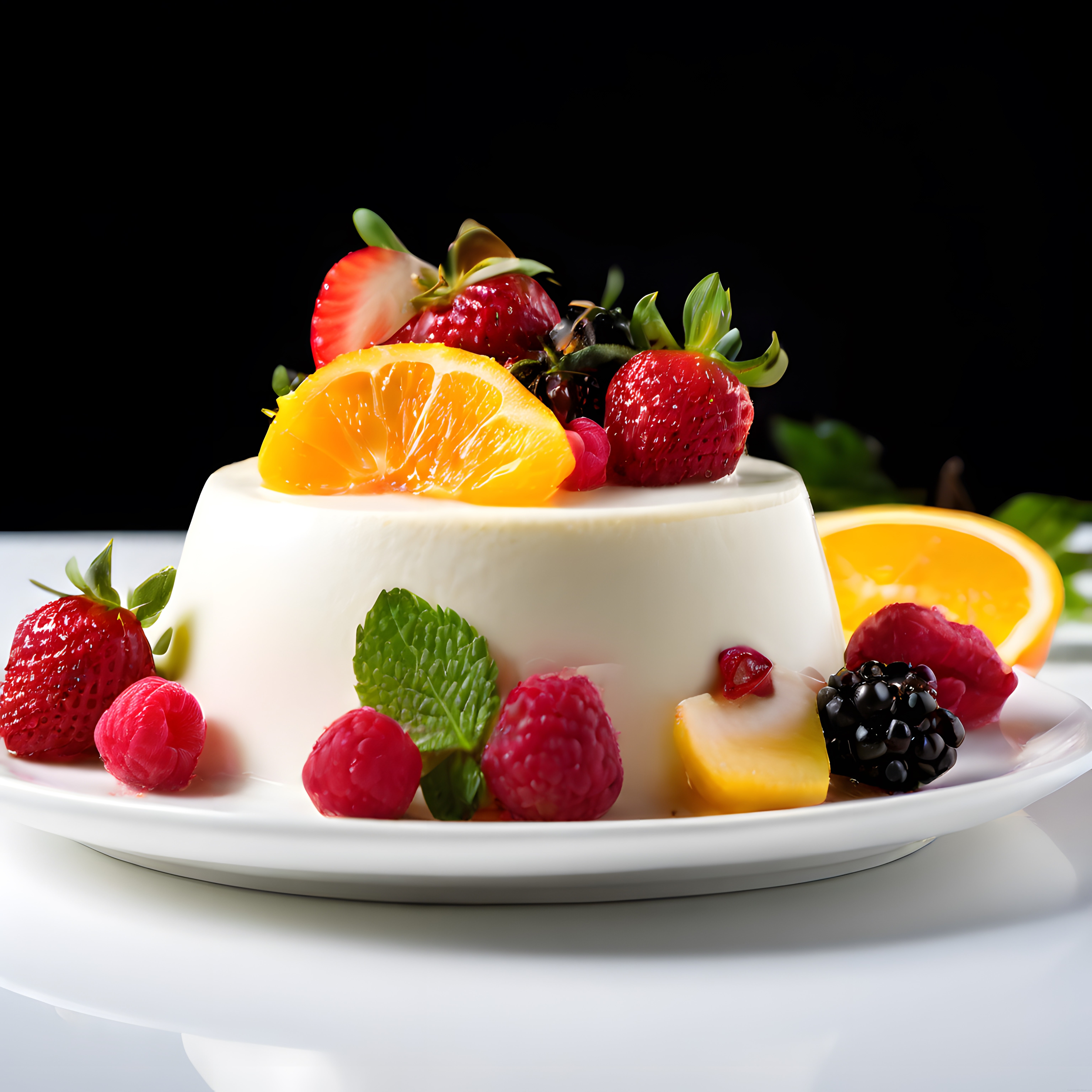 Beyaz Tabakta Taze Çilek ve Ahududulu Kremalı Panna Cotta Tatlısı